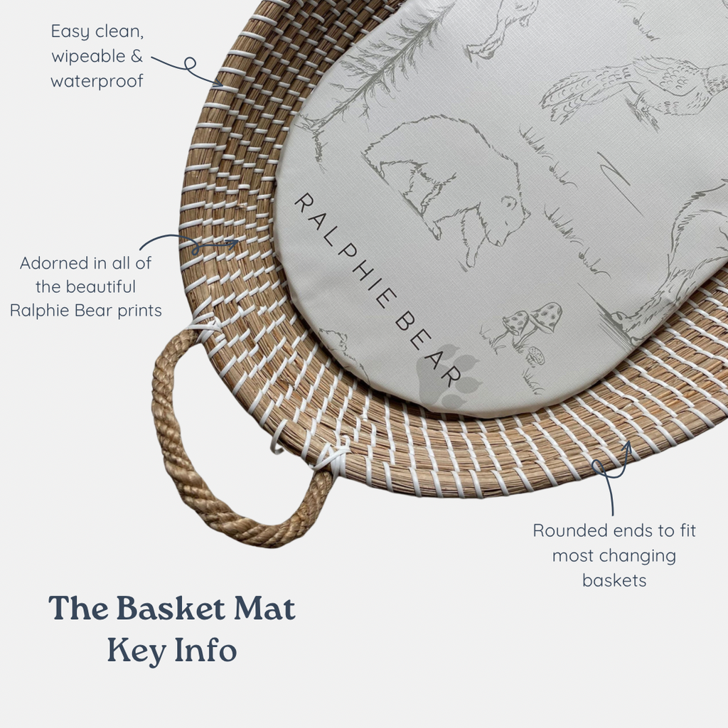 Rounded mat with 'Ralphie Bear' branding on a wicker basket, featuring text about its features.