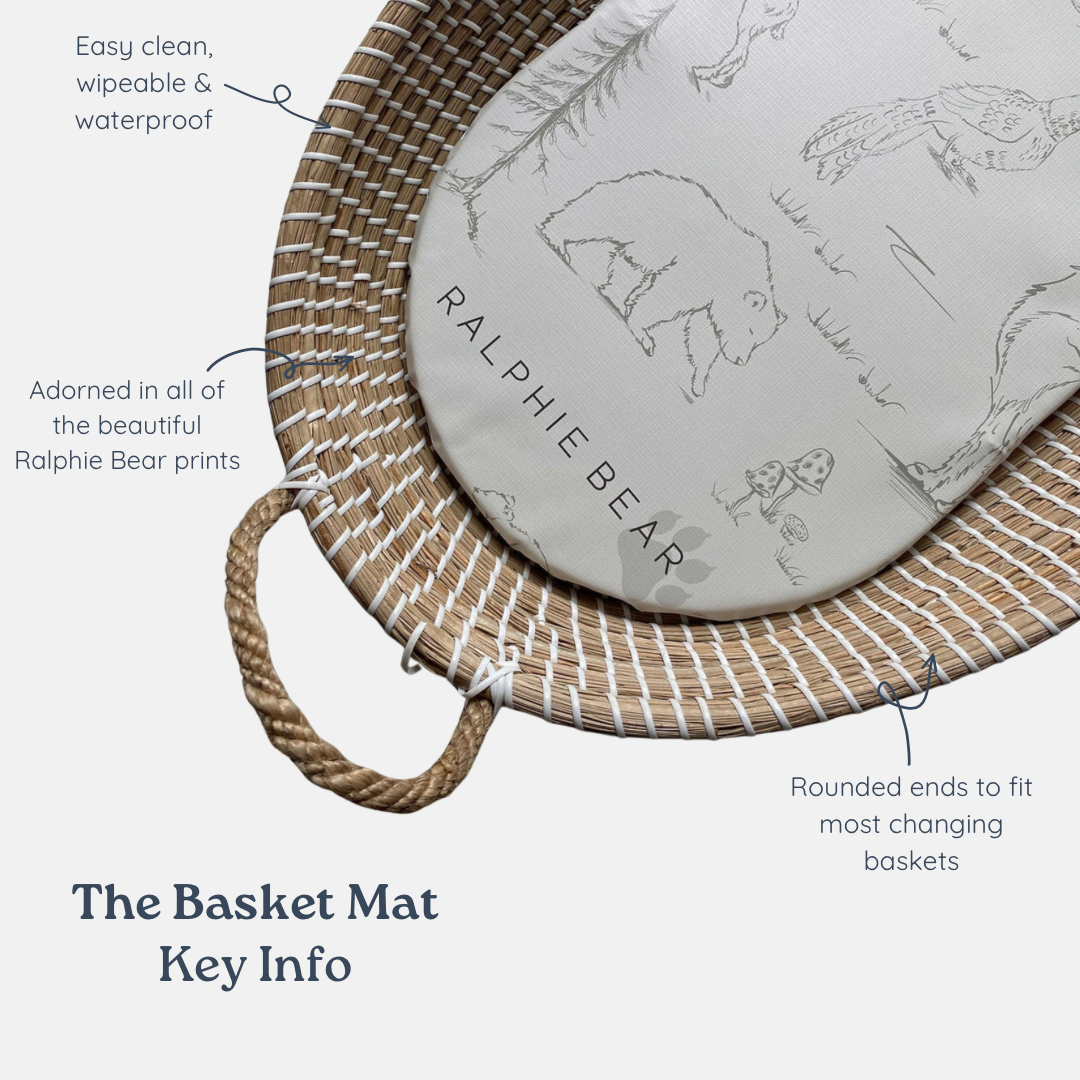 Rounded mat with 'Ralphie Bear' branding on a wicker basket, featuring text about its features.