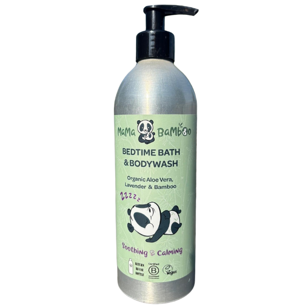 Bottle of Mama Bamboo bedtime bath and bodywash on a white background