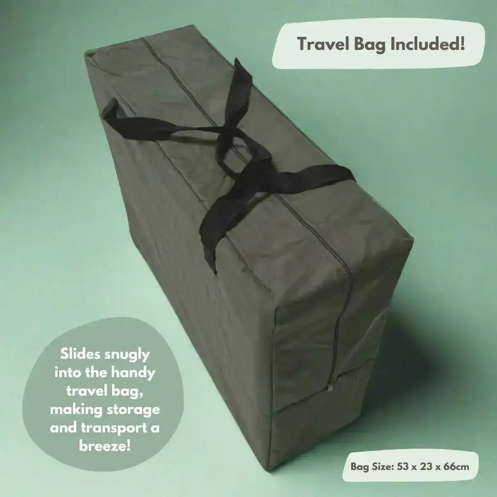 Gray travel bag with a black ribbon on a green background, featuring text about storage and transport.