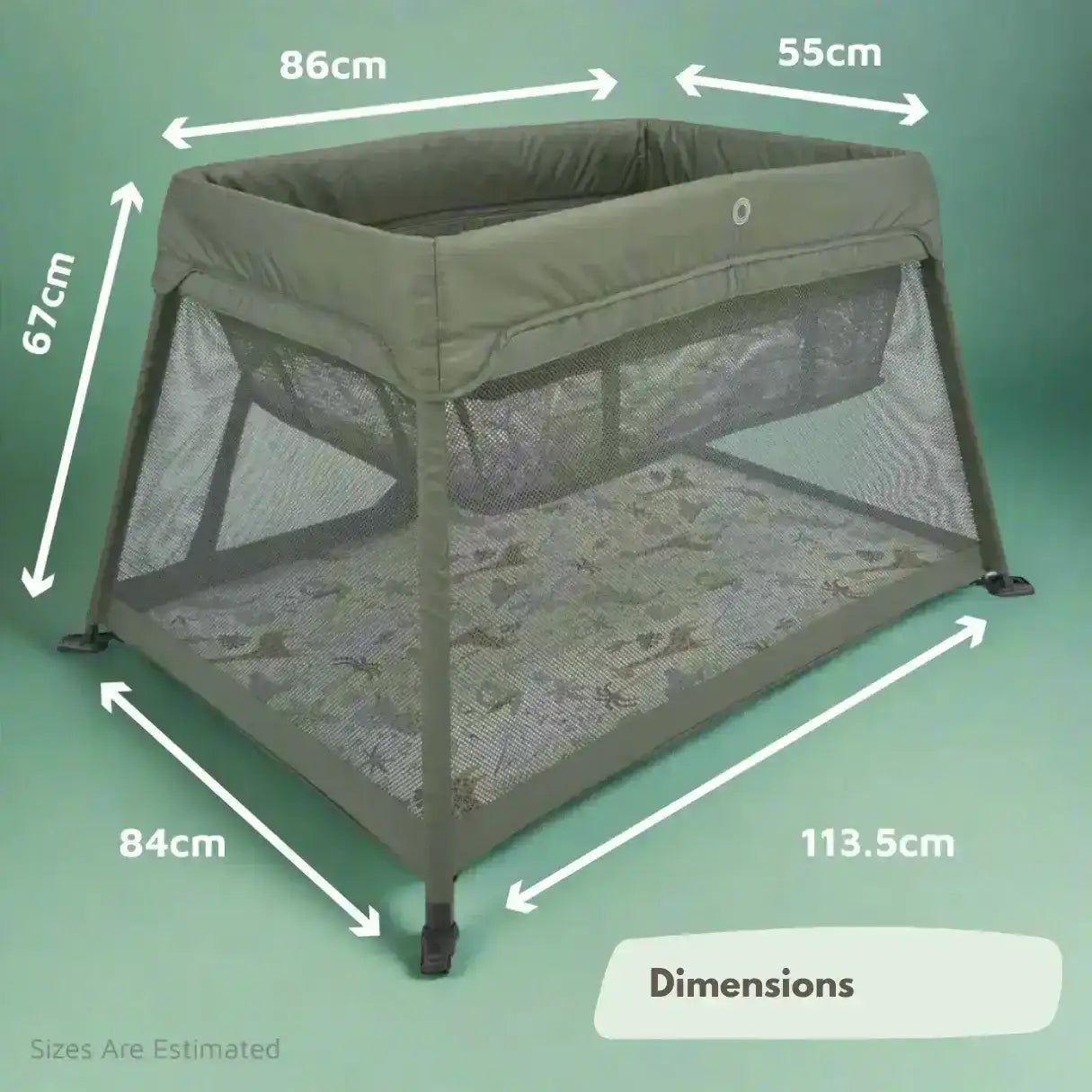 Dimensions of a green baby playpen on a green background