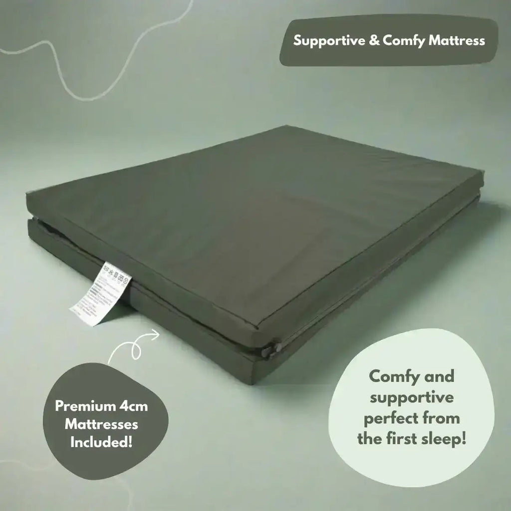 Gray mattress on a light green background with text highlighting its support and comfort.