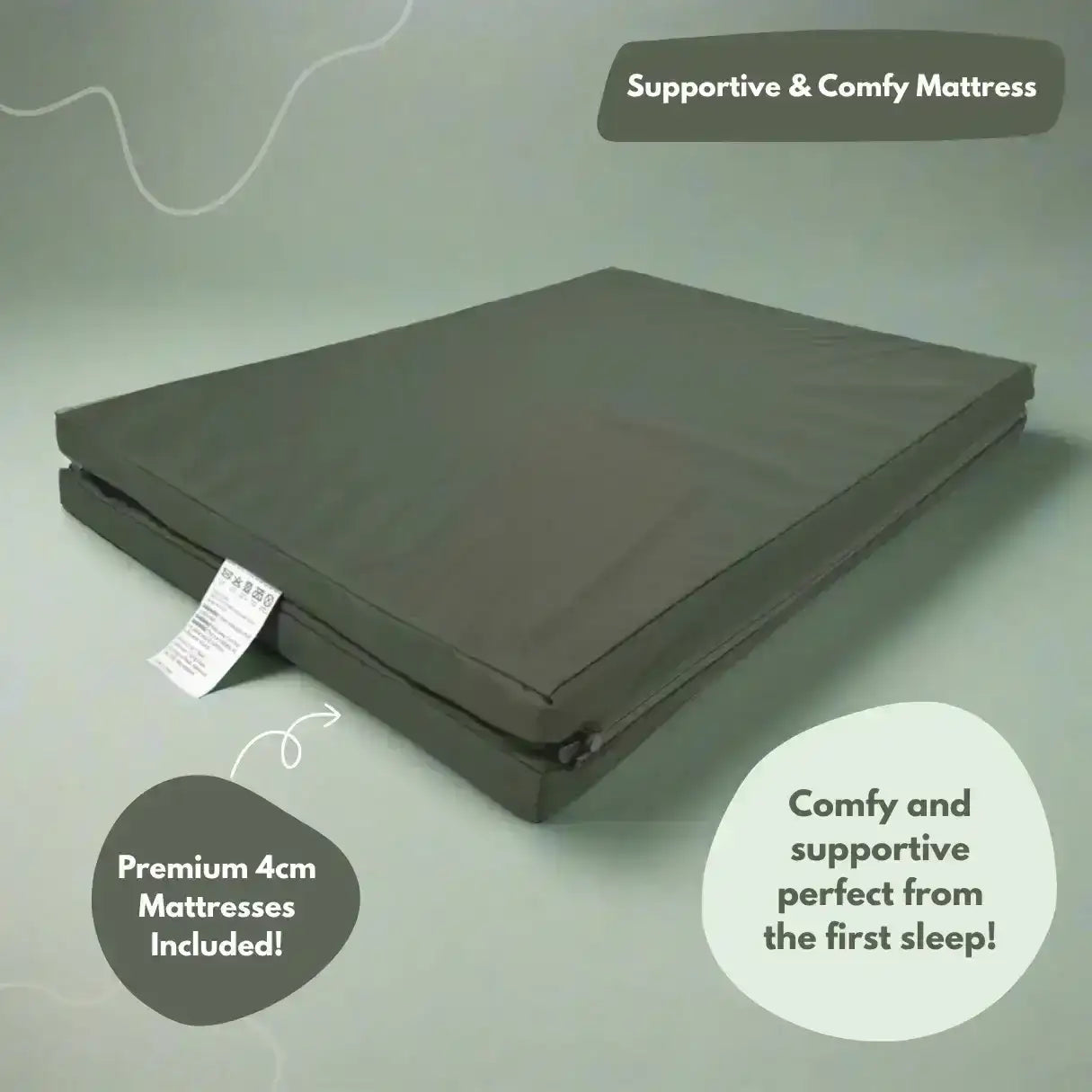 Gray mattress on a light green background with text highlighting its support and comfort.