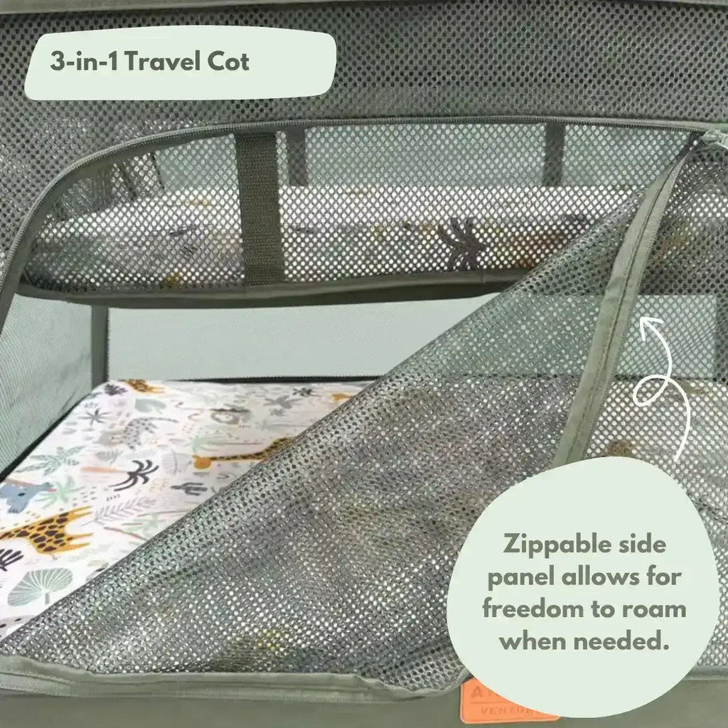3-in-1 travel cot with zippable side panel and patterned mattress