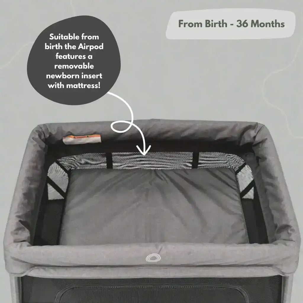 Gray baby crib with a removable newborn insert and mattress, suitable from birth to 36 months.