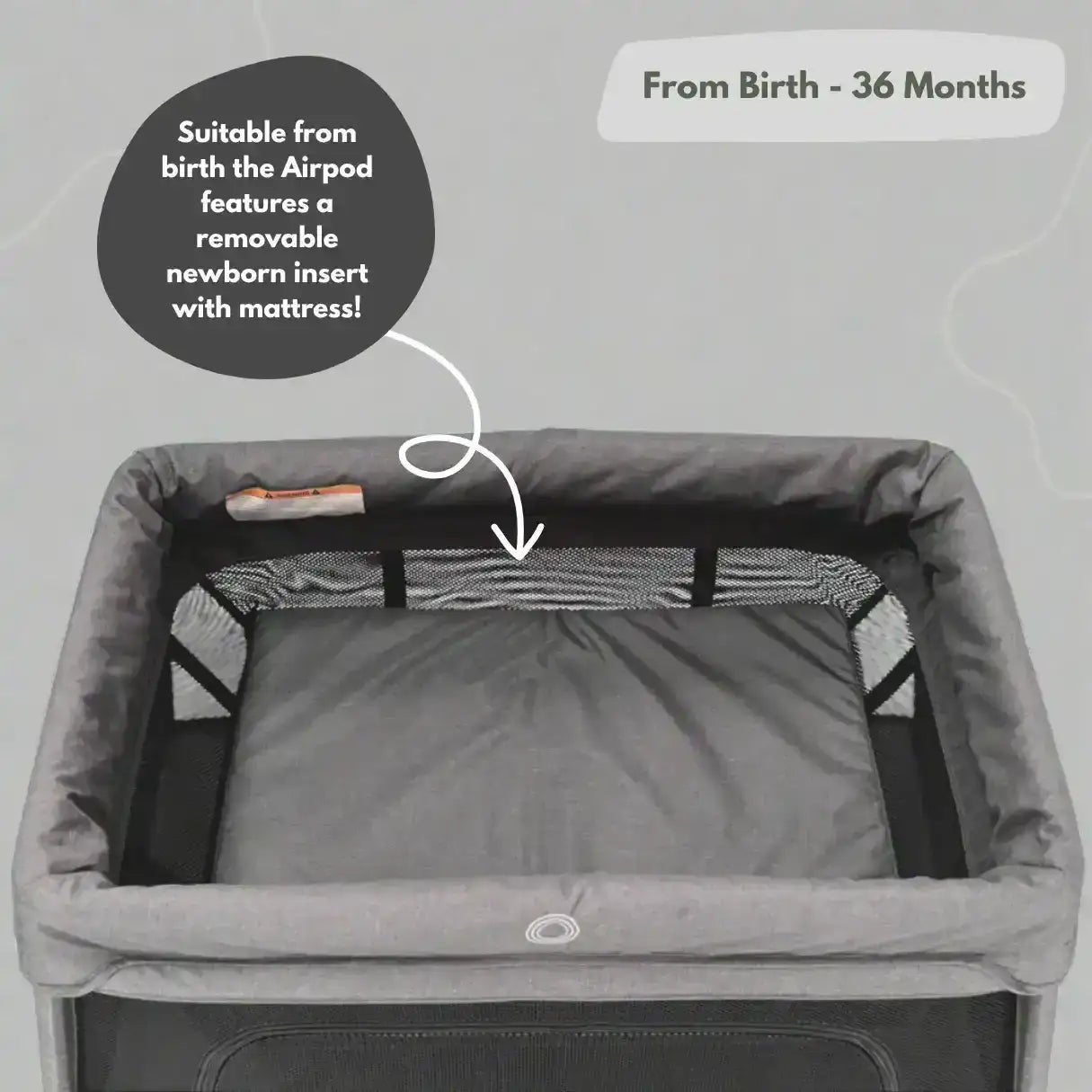 Gray baby crib with a removable newborn insert and mattress, suitable from birth to 36 months.