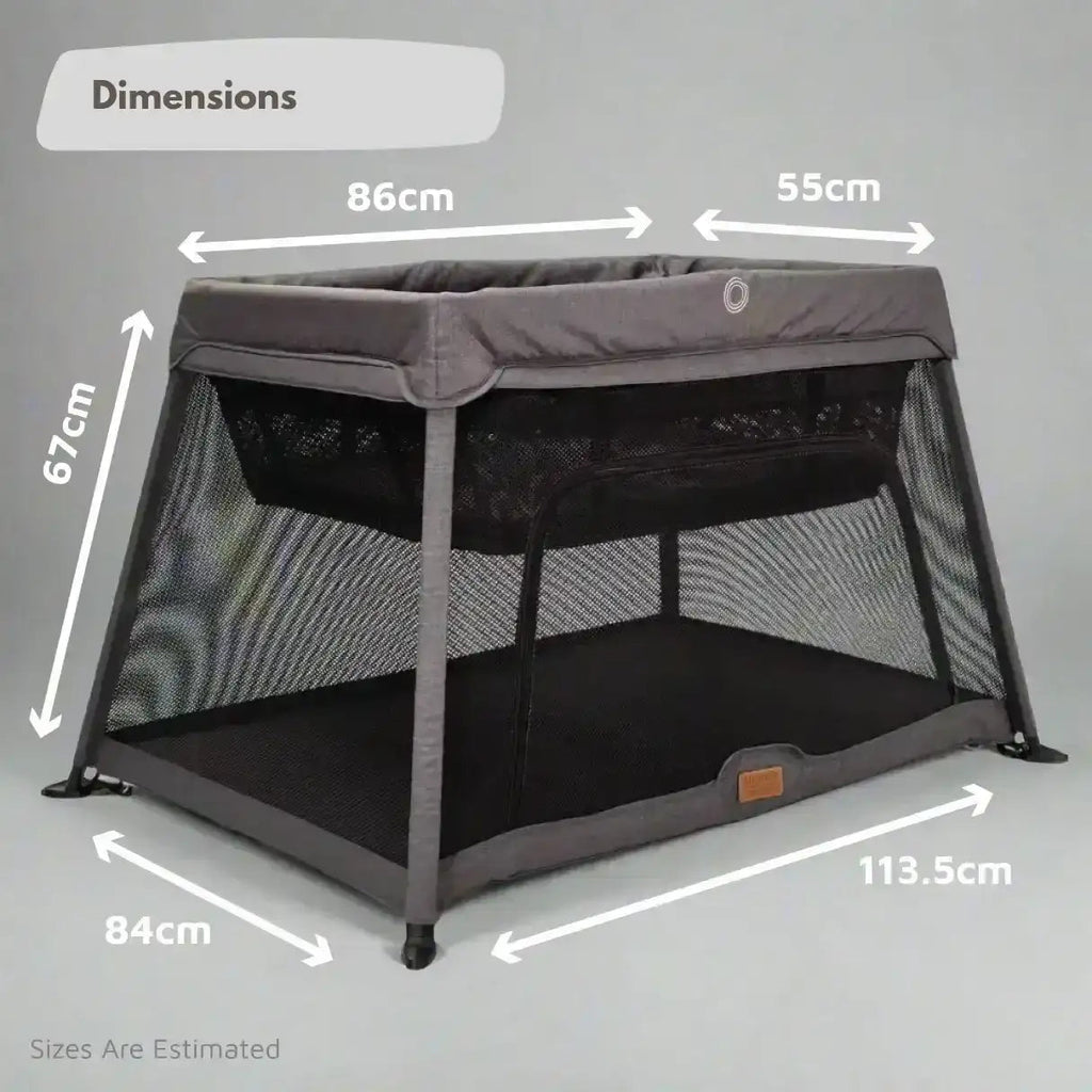 Dimensions of a portable crib with measurements labeled on a gray background