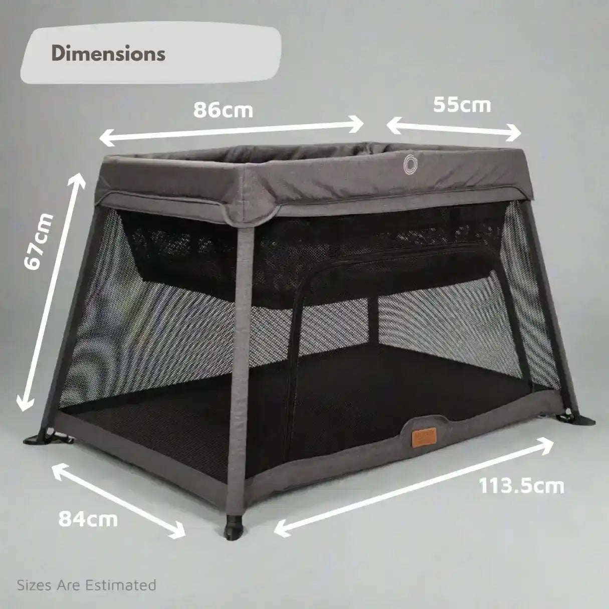 Dimensions of a portable crib with measurements labeled on a gray background