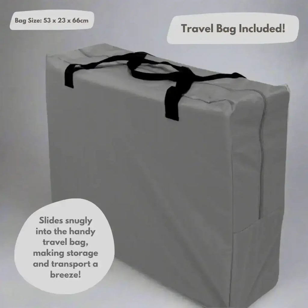 Gray travel bag with black strap on a light gray background
