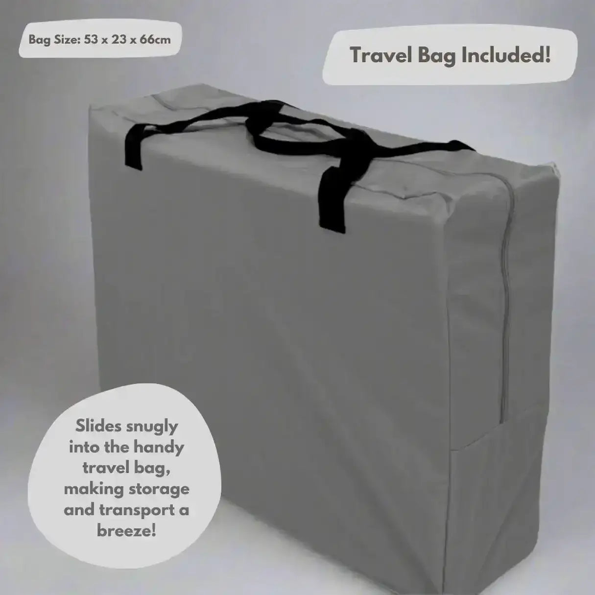 Gray travel bag with black strap on a light gray background