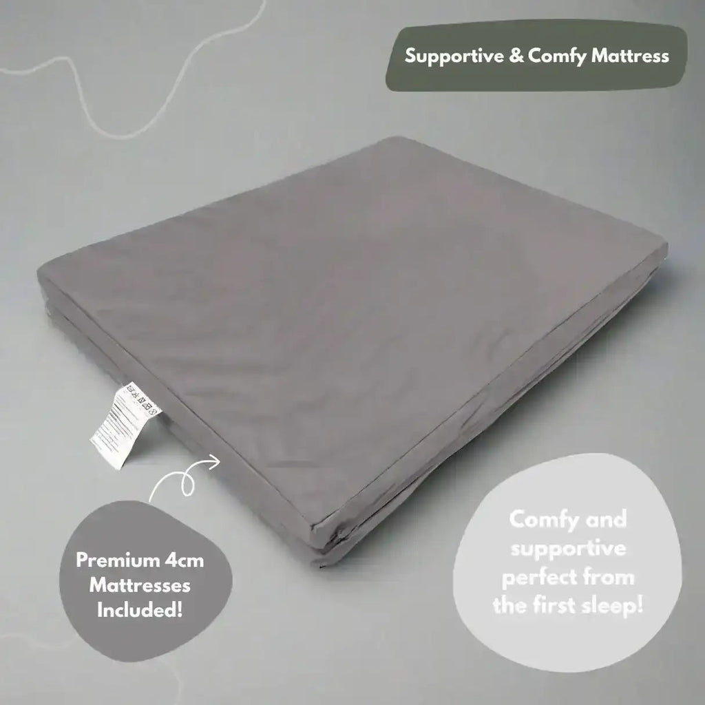 Gray mattress on a gray background with text highlighting its support and comfort.