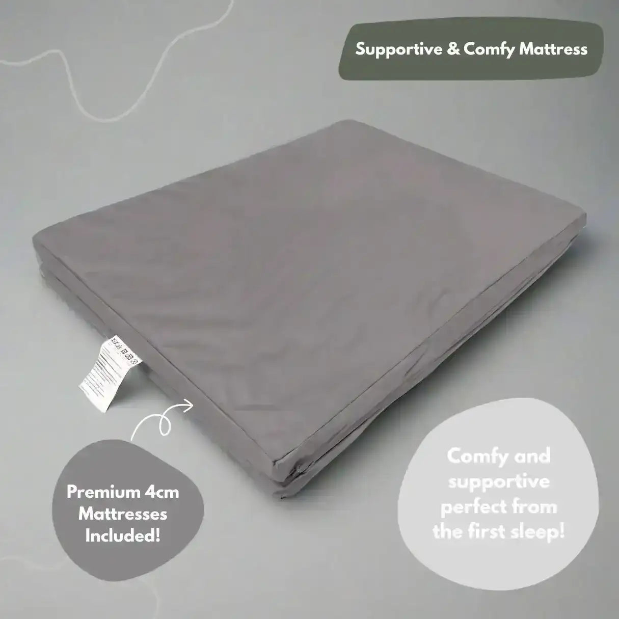 Gray mattress on a gray background with text highlighting its support and comfort.