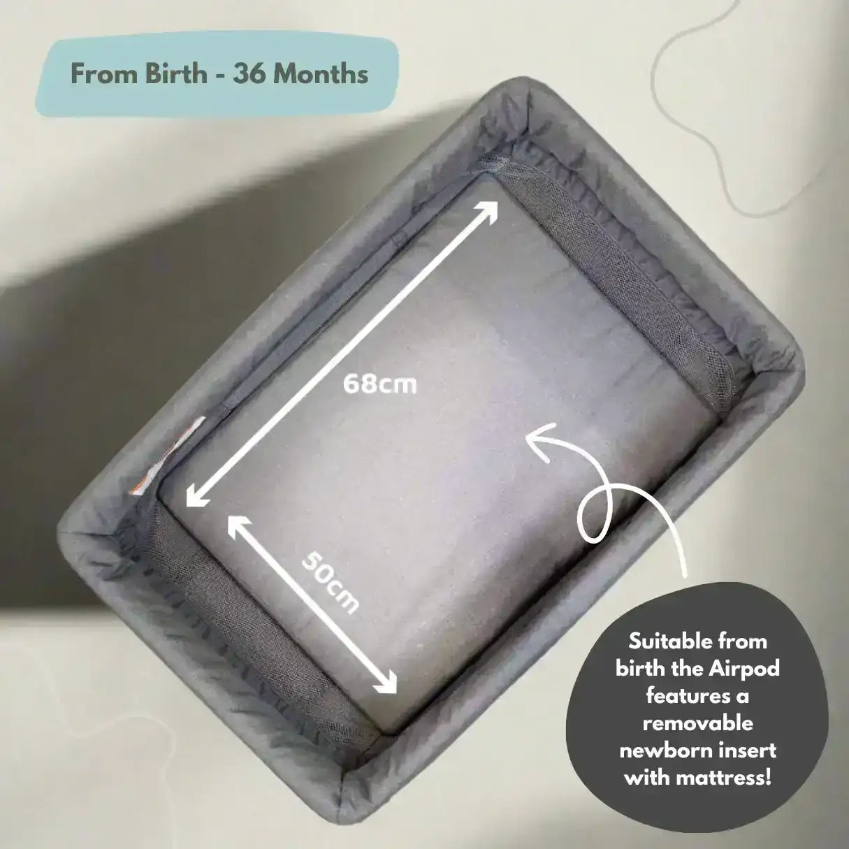 Baby airpod with dimensions and text indicating suitability from birth to 36 months.