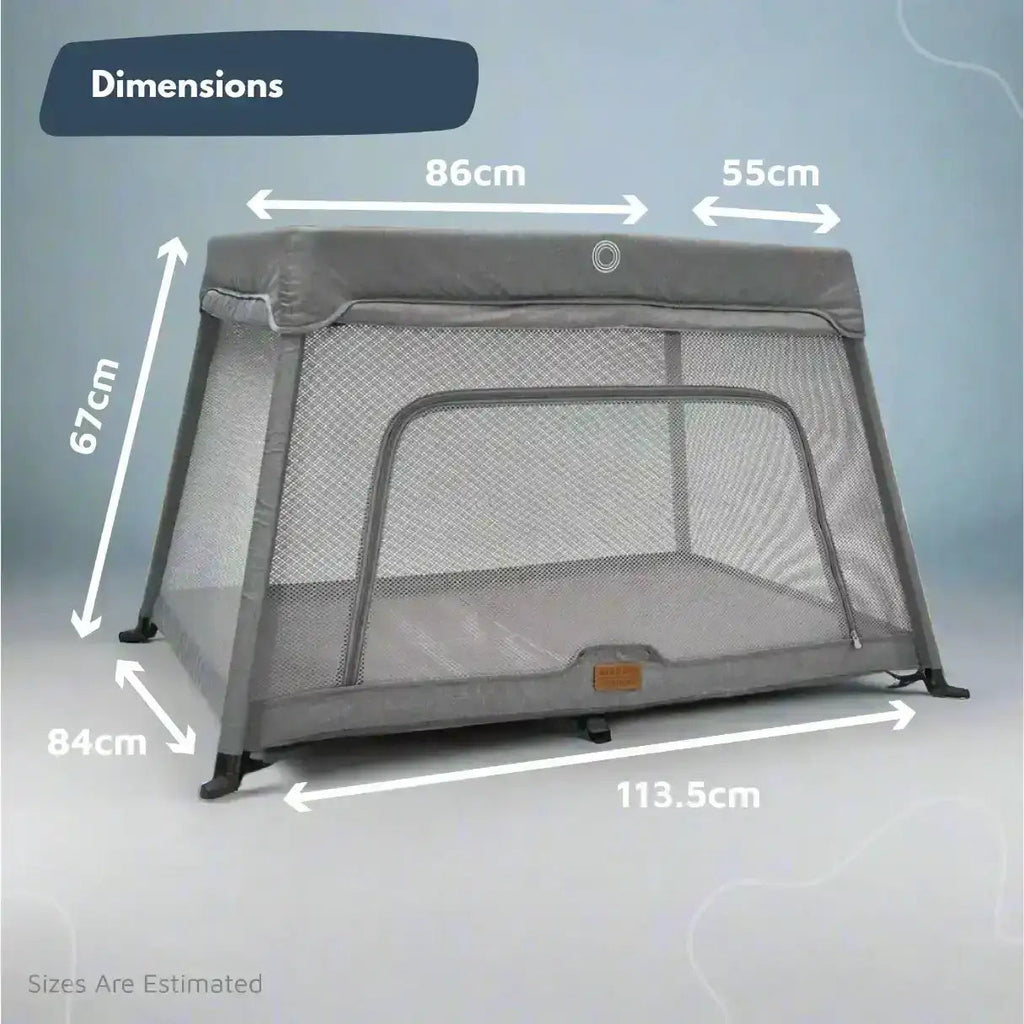 Dimensions of a portable crib with measurements indicated on a light gray background