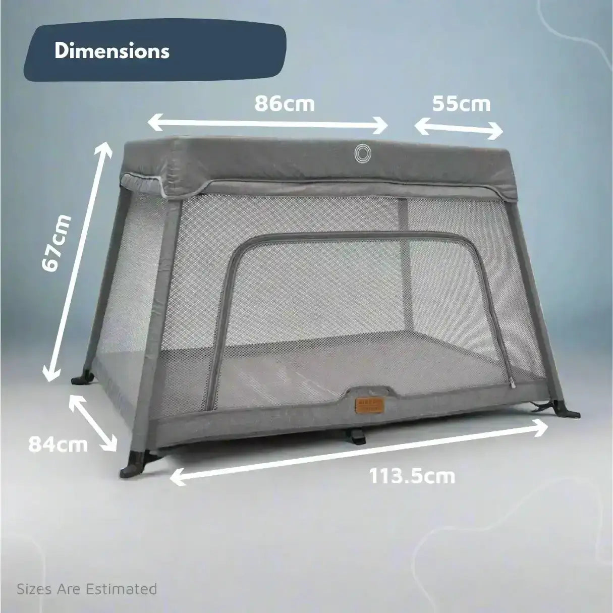 Dimensions of a portable crib with measurements indicated on a light gray background