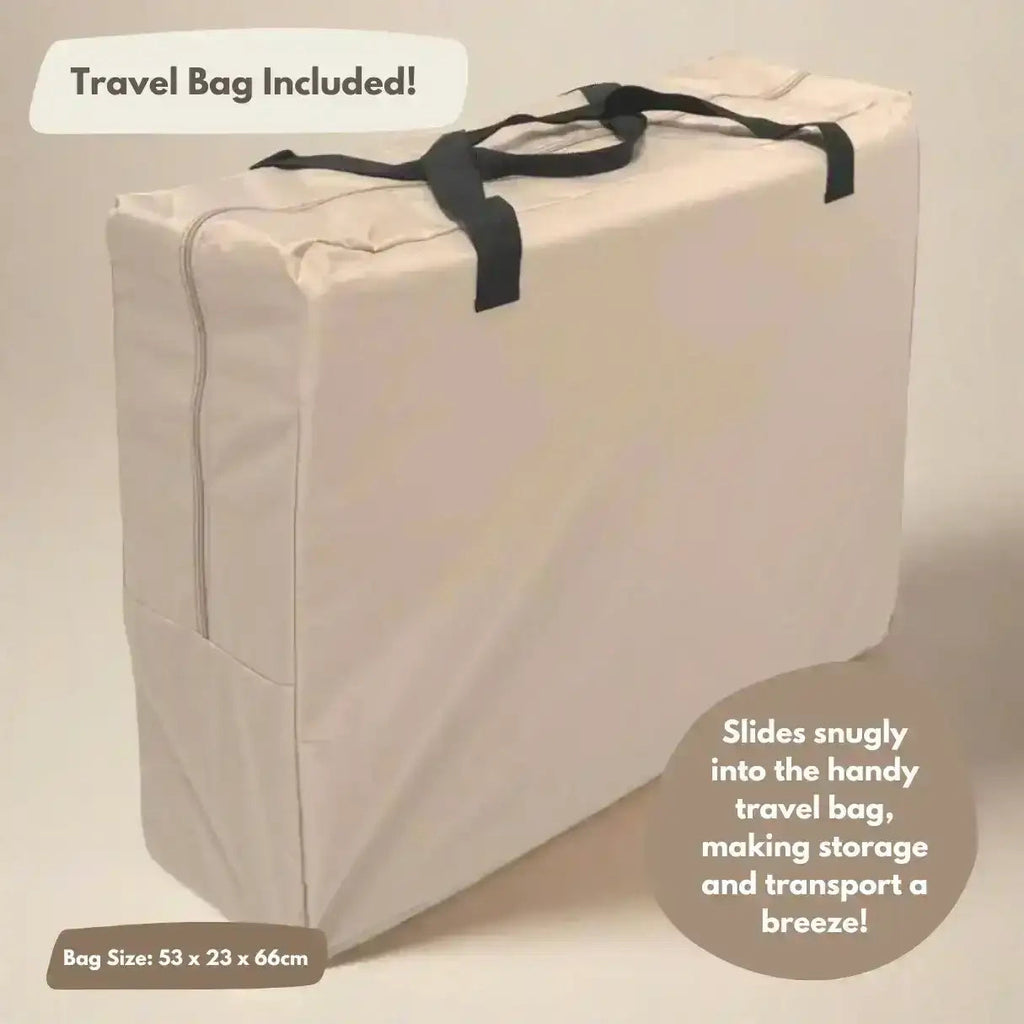 Beige storage bag with black straps on a beige background, featuring text about a travel bag included.