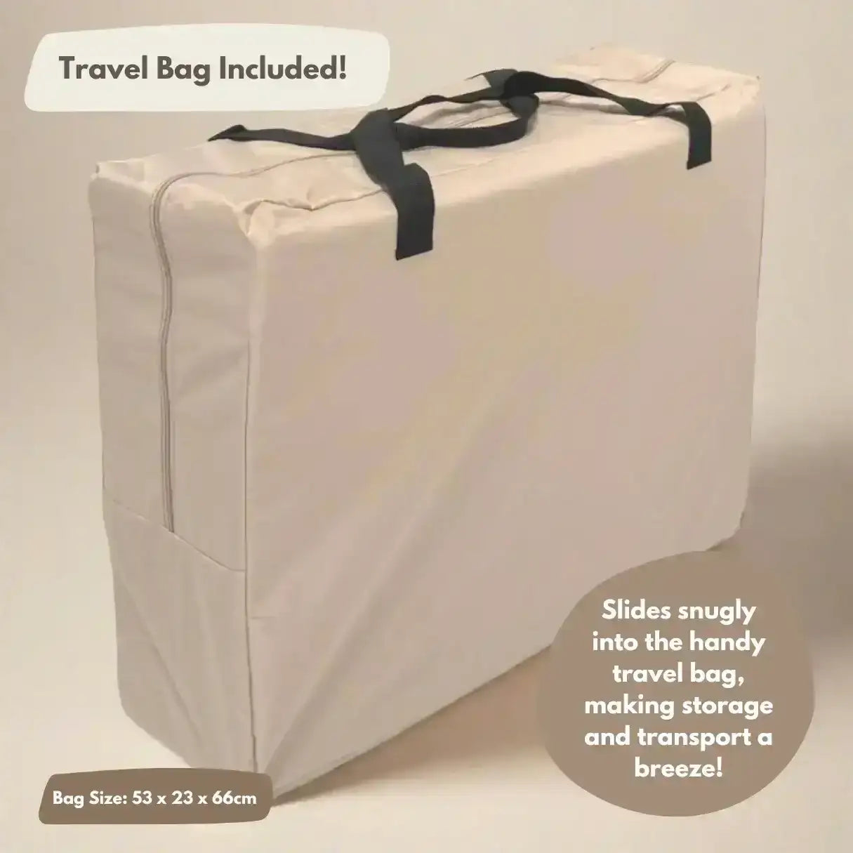 Beige storage bag with black straps on a beige background, featuring text about a travel bag included.
