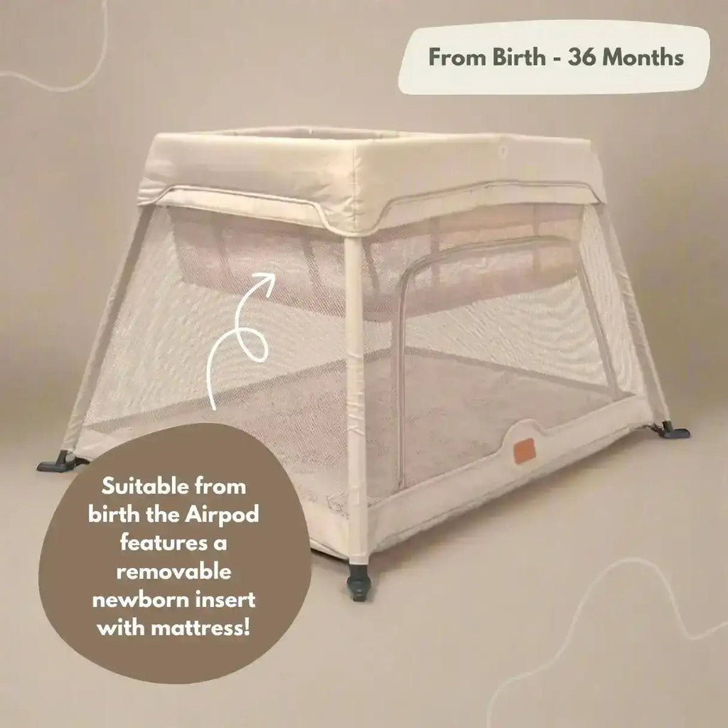 Beige baby playpen with text indicating suitability from birth to 36 months