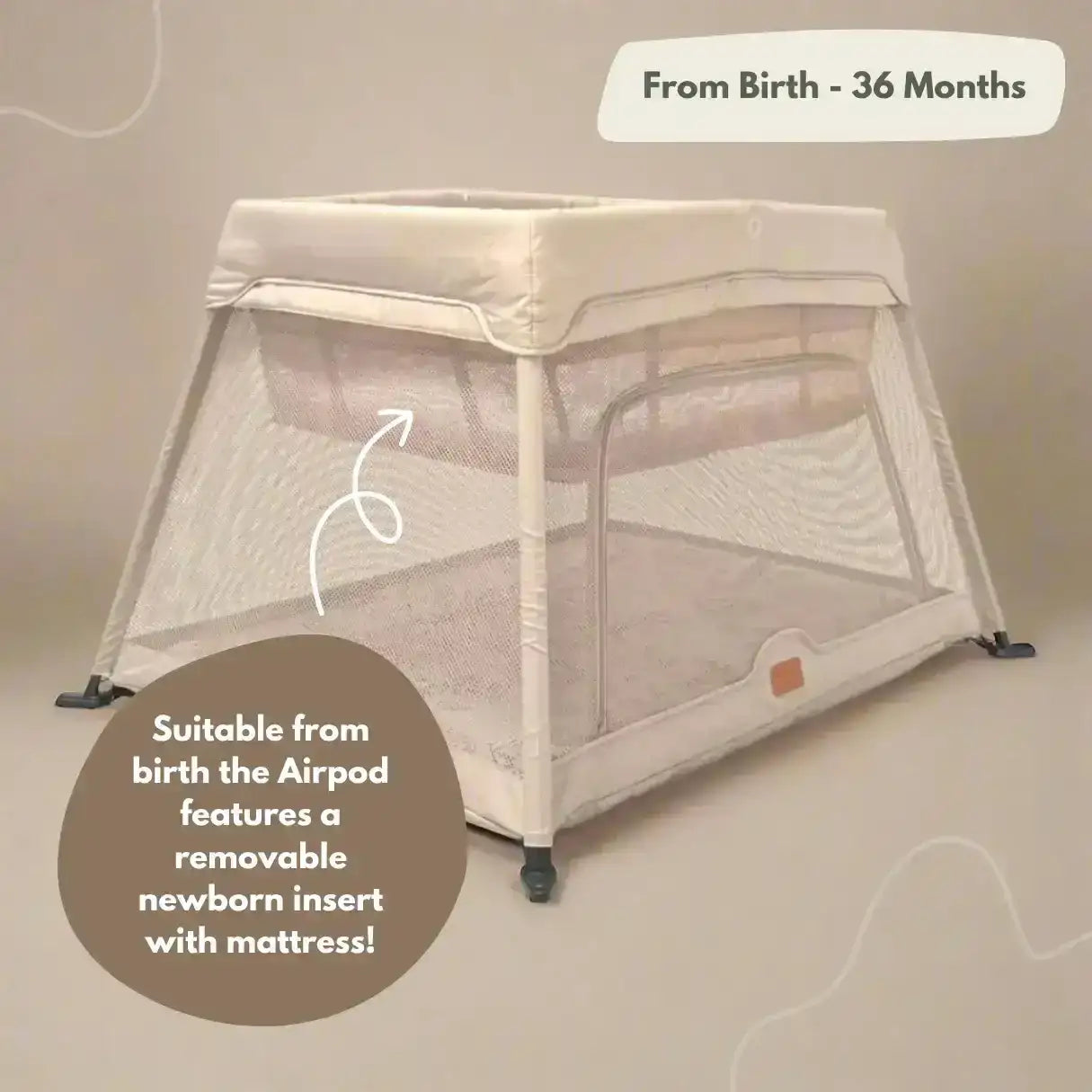 Beige baby playpen with text indicating suitability from birth to 36 months