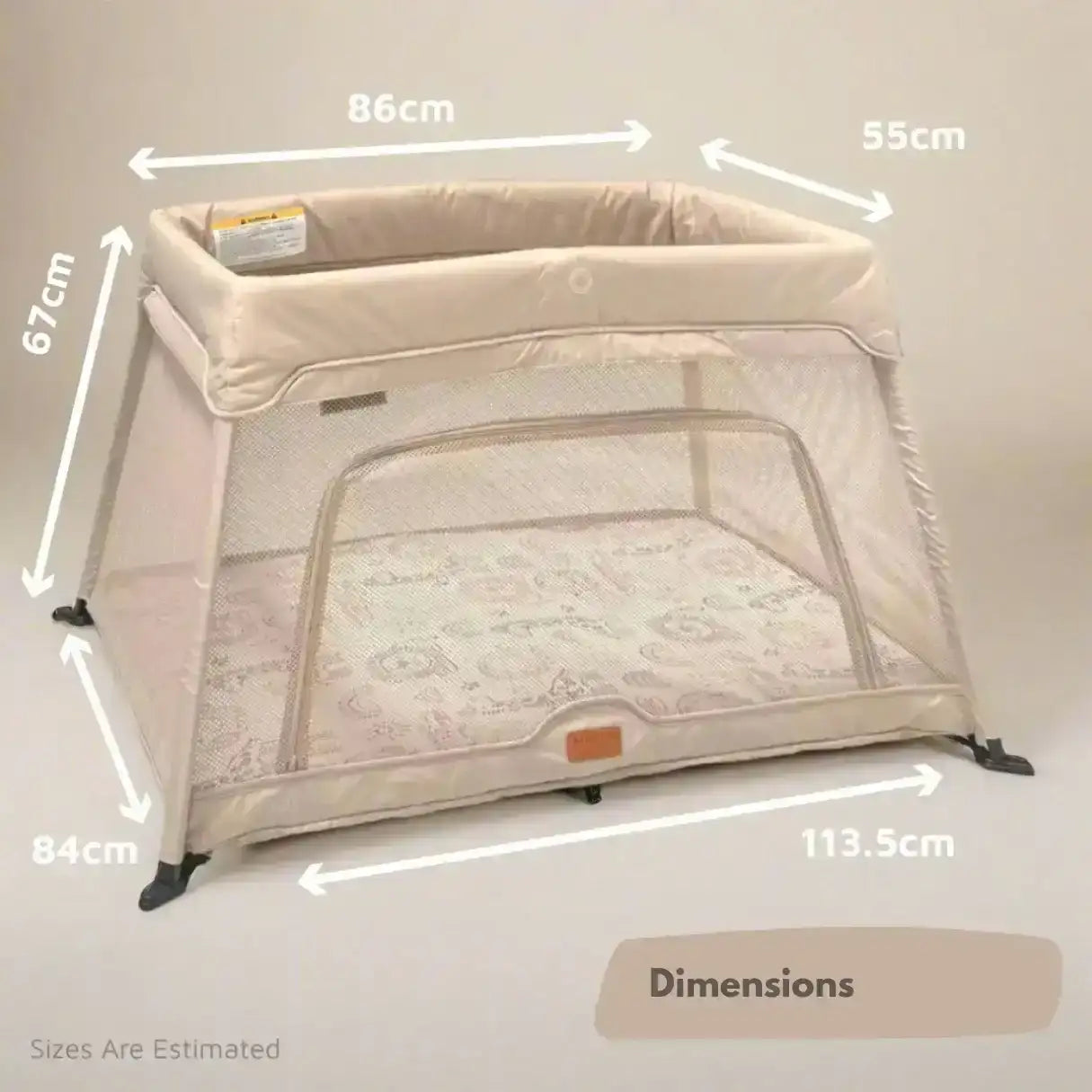 Beige baby playpen with dimensions marked on a white background