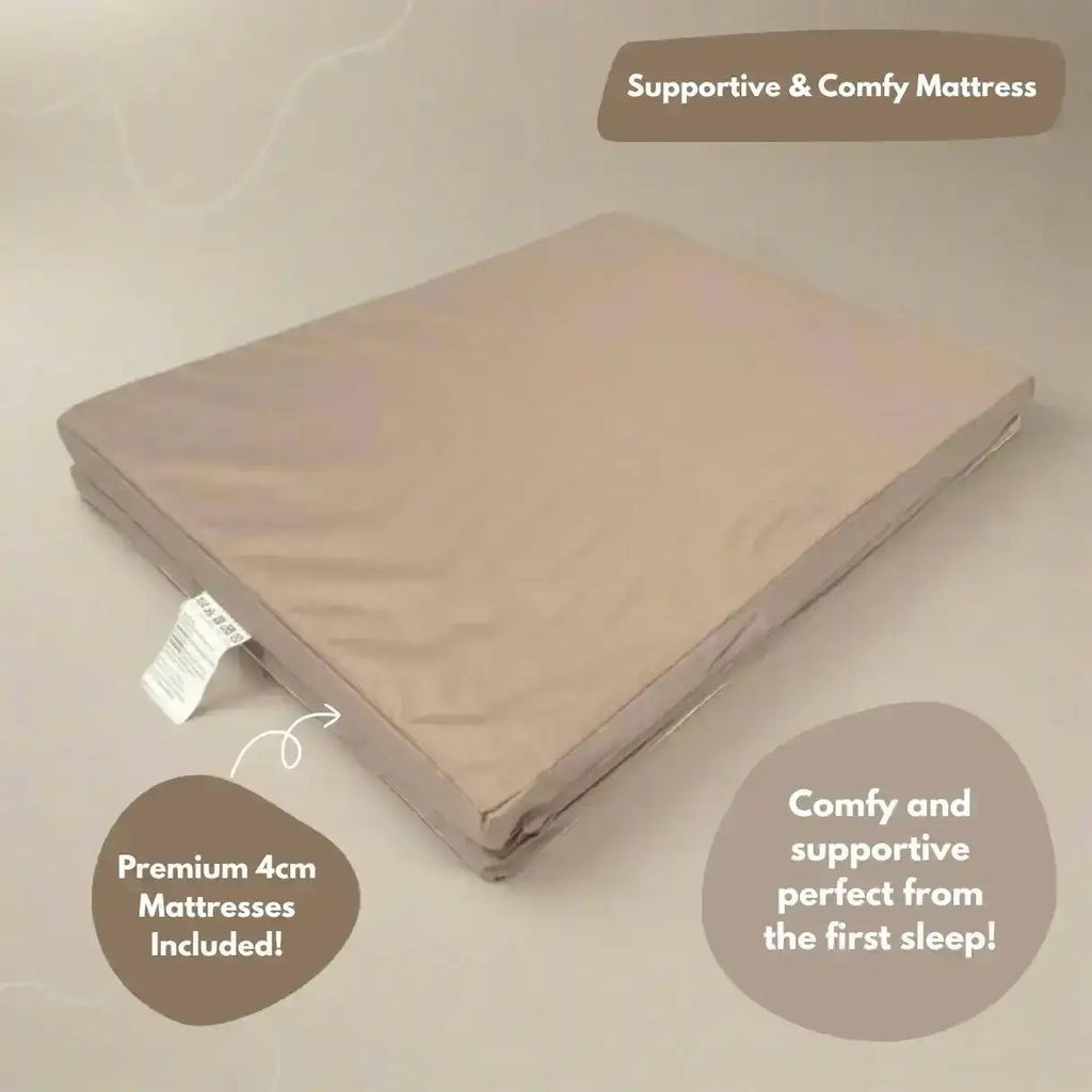 Beige mattress on a white background with text highlighting its support and comfort.