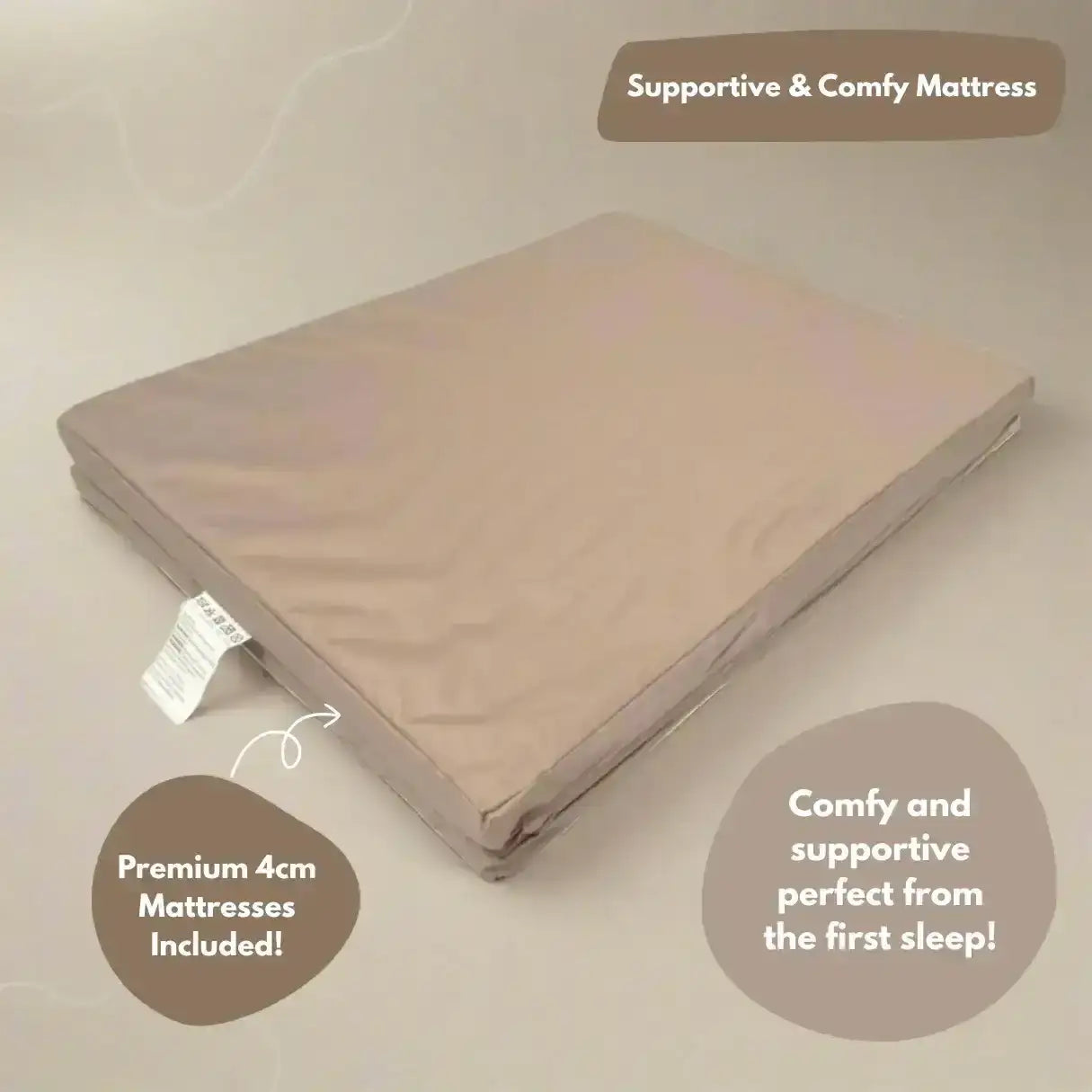Beige mattress on a white background with text highlighting its support and comfort.