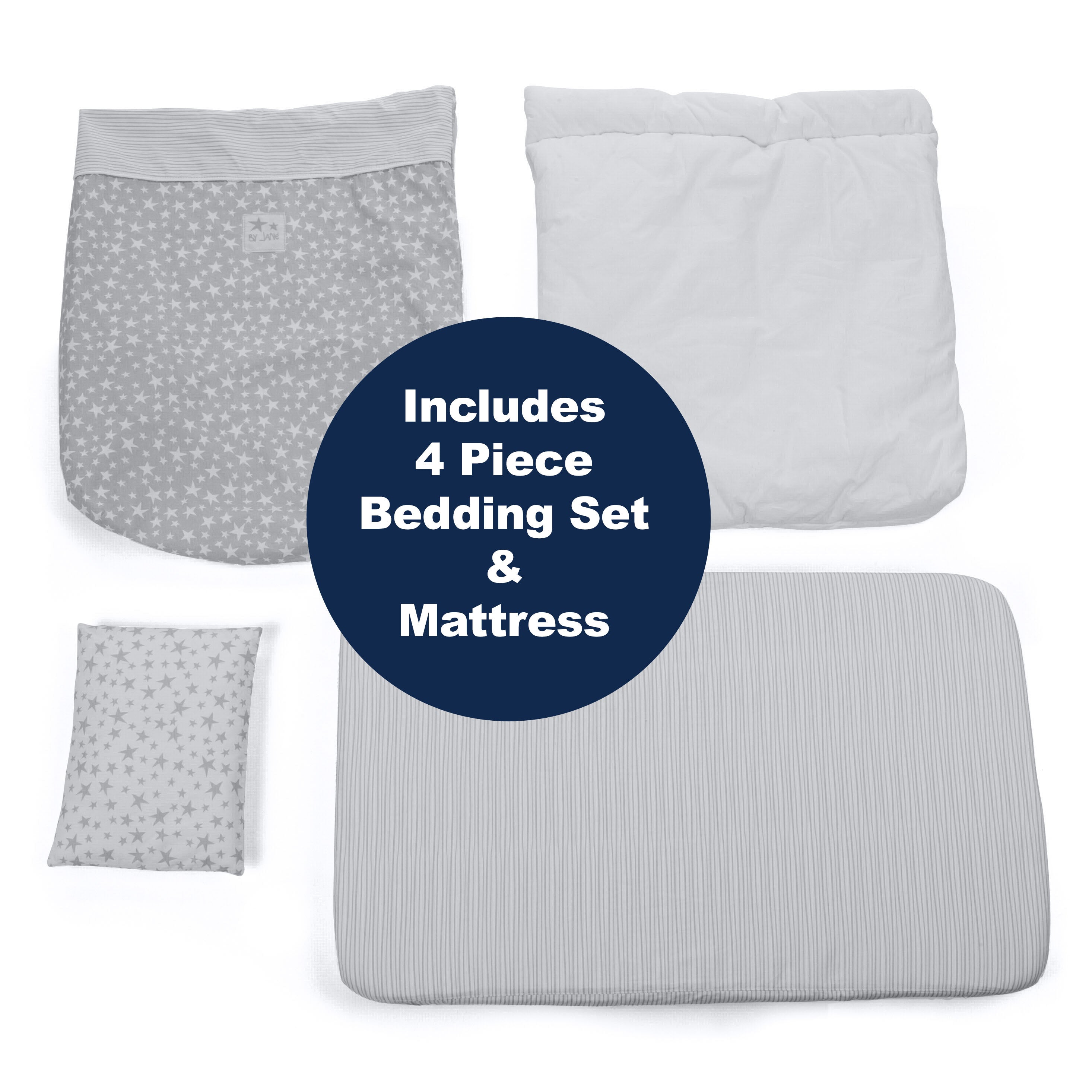 Jane Baby Side Crib + 4 Piece Bedding Set & Safety Mattress, Sesame