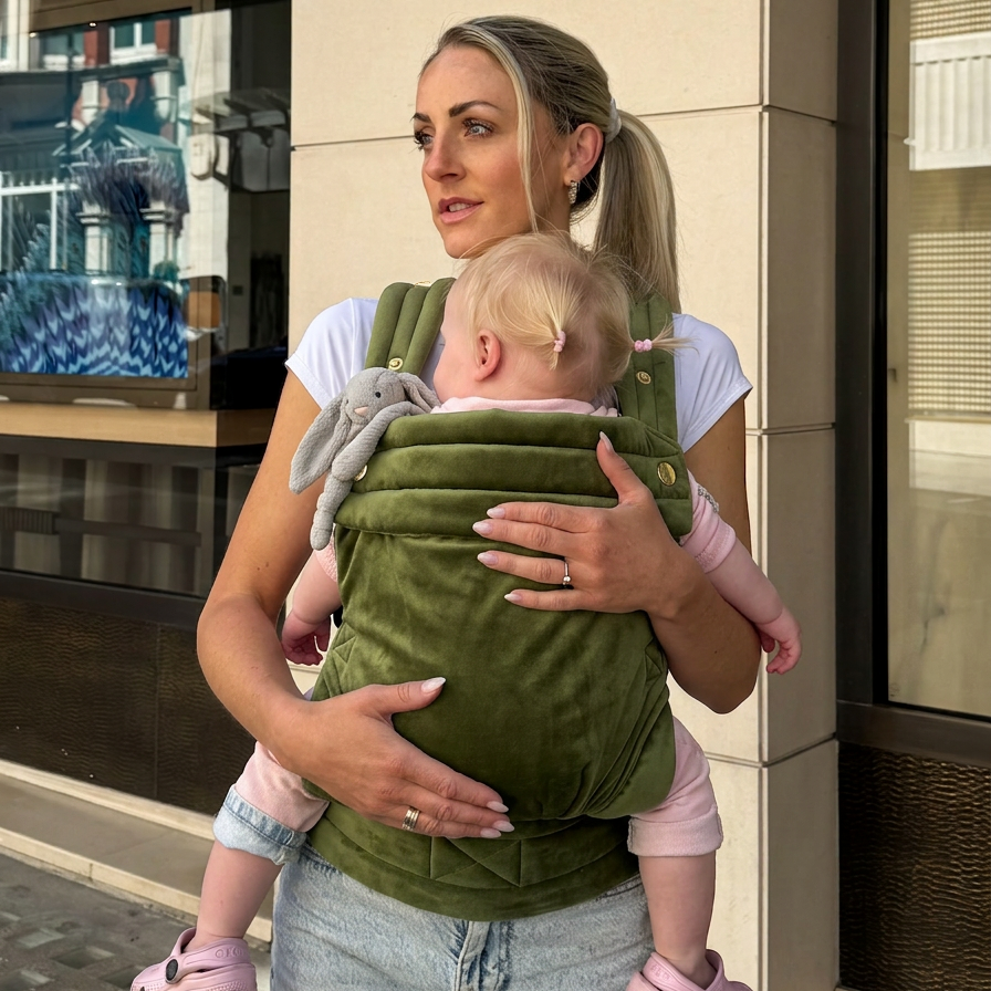Woman carrying a baby in a green sling outdoors.