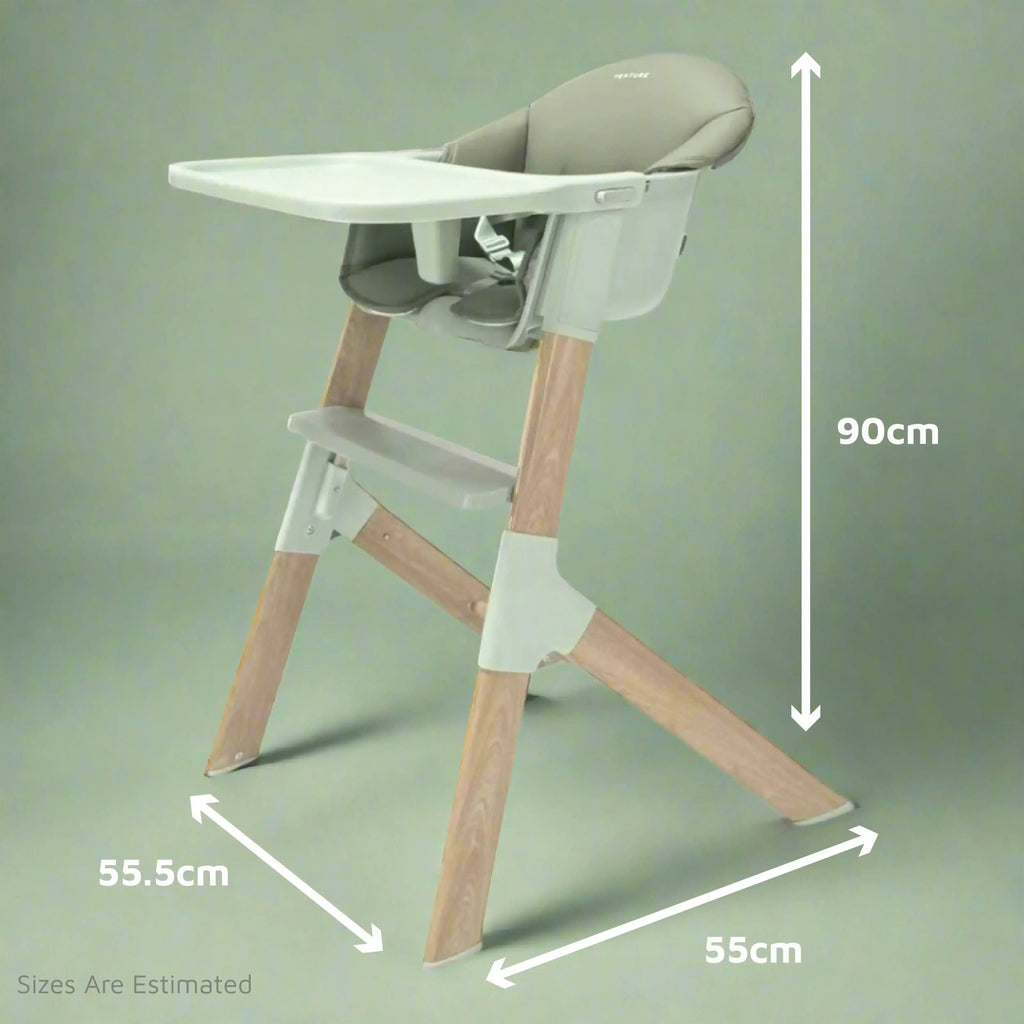 High chair with dimensions labeled on a green background