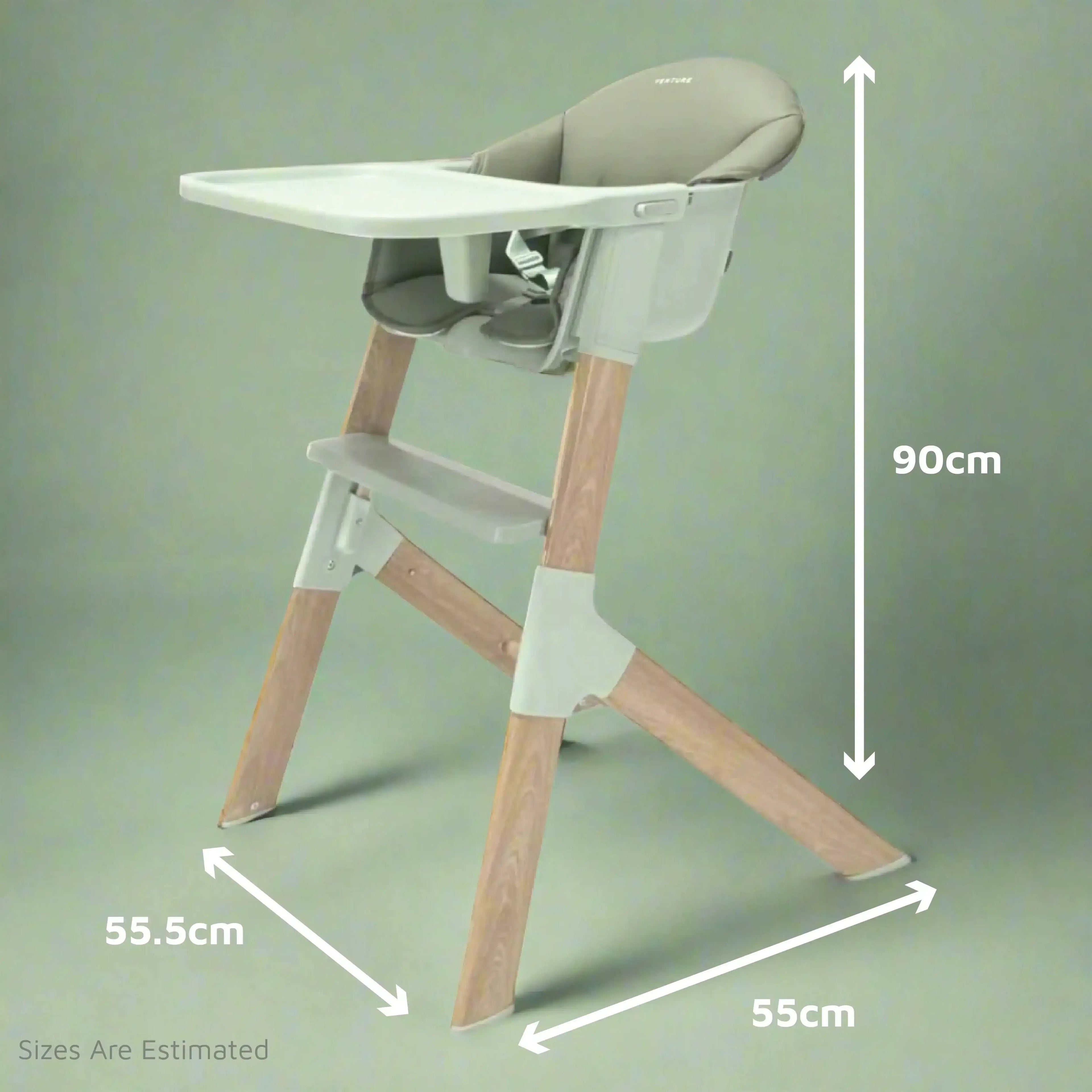 High chair with dimensions labeled on a green background