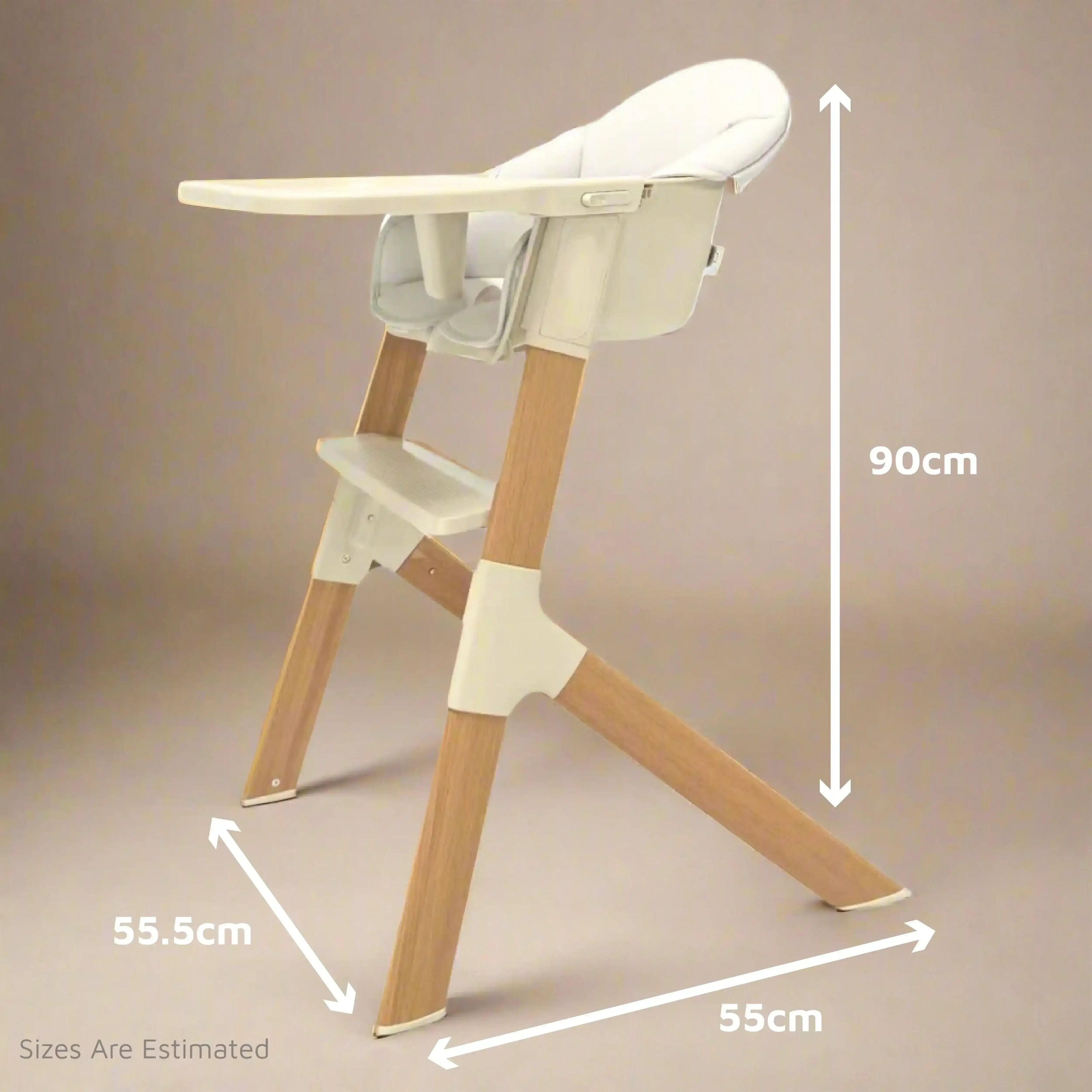 Wooden high chair with measurements on a beige background