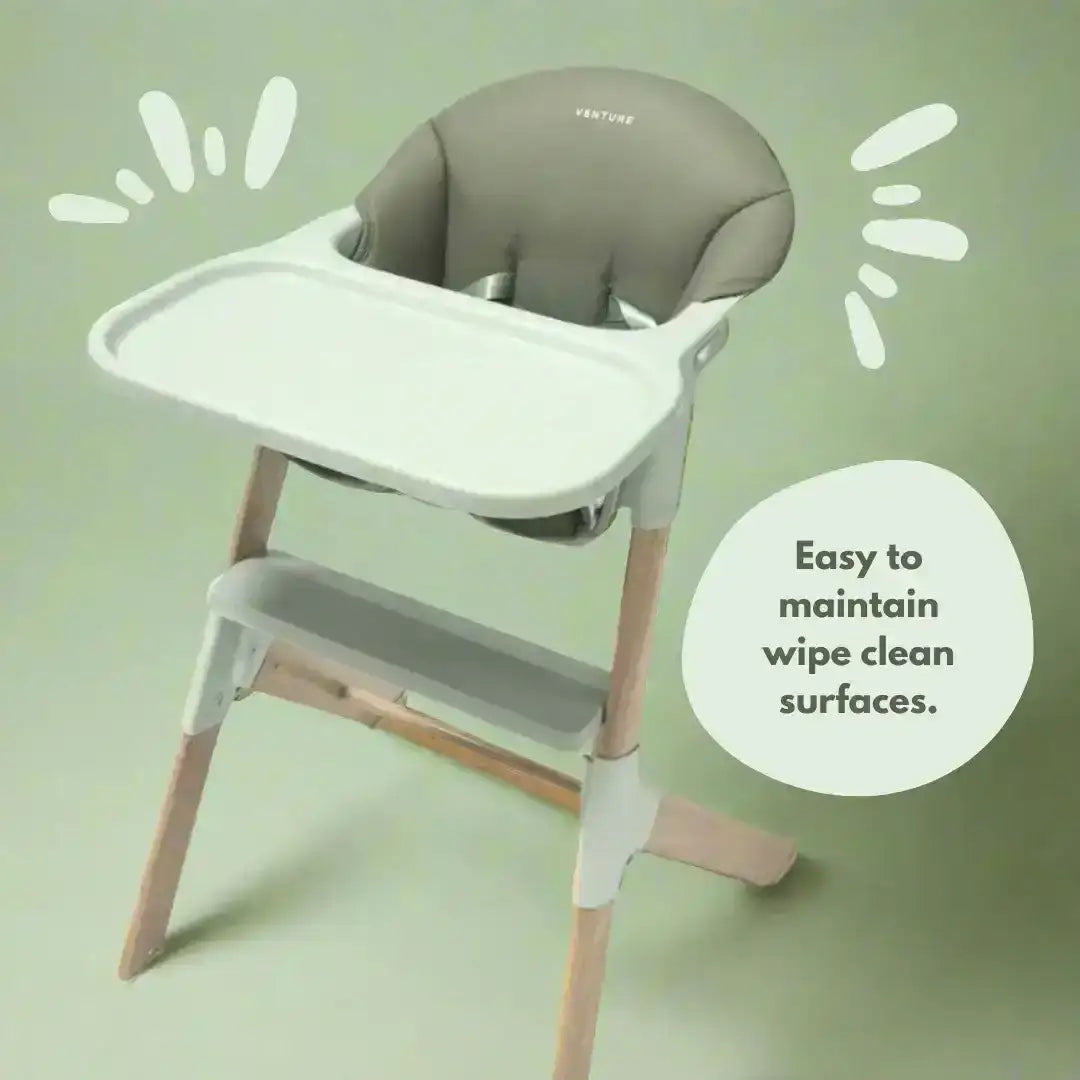 High chair with a green background and text indicating ease of maintenance.