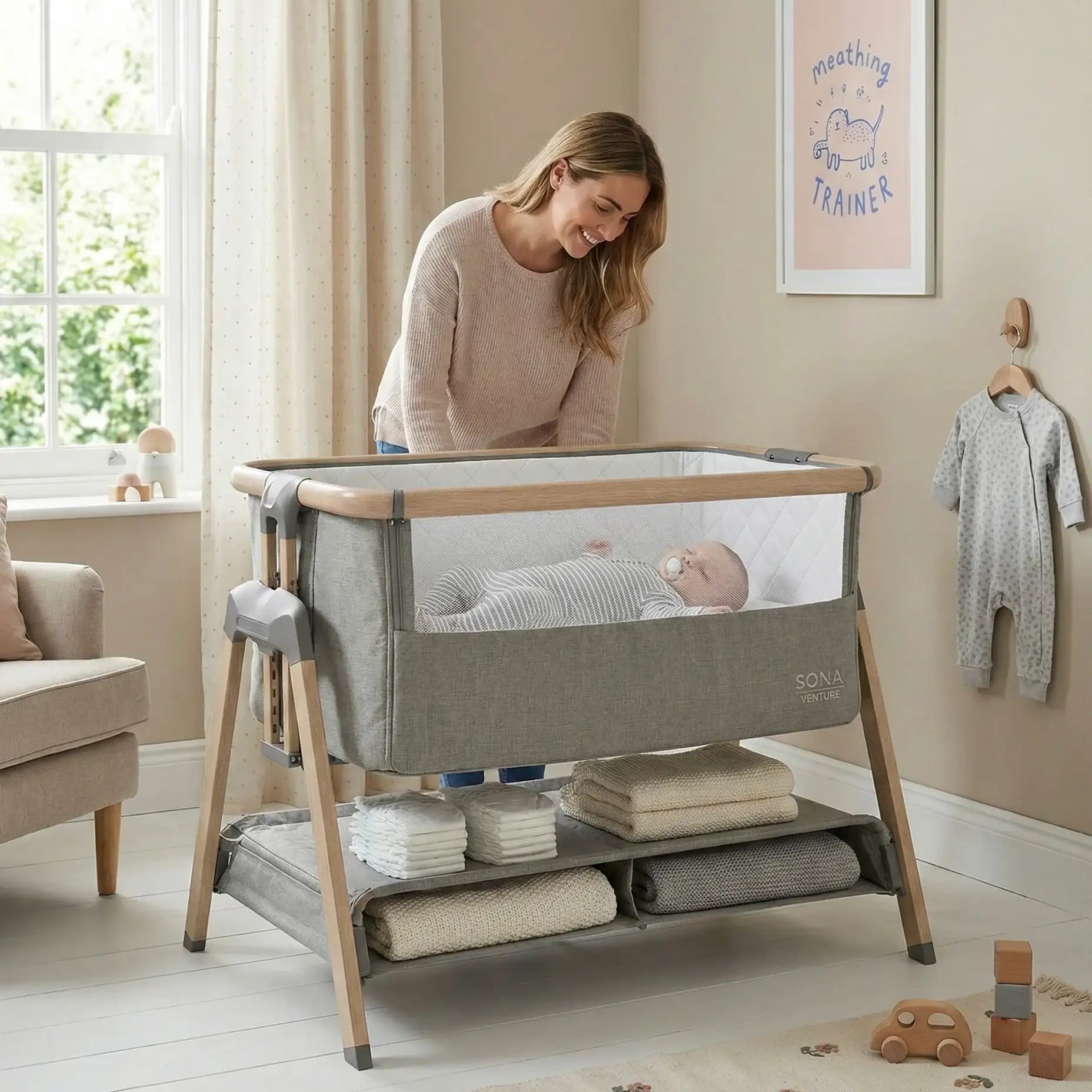 Woman standing next to a baby crib in a nursery with a baby inside