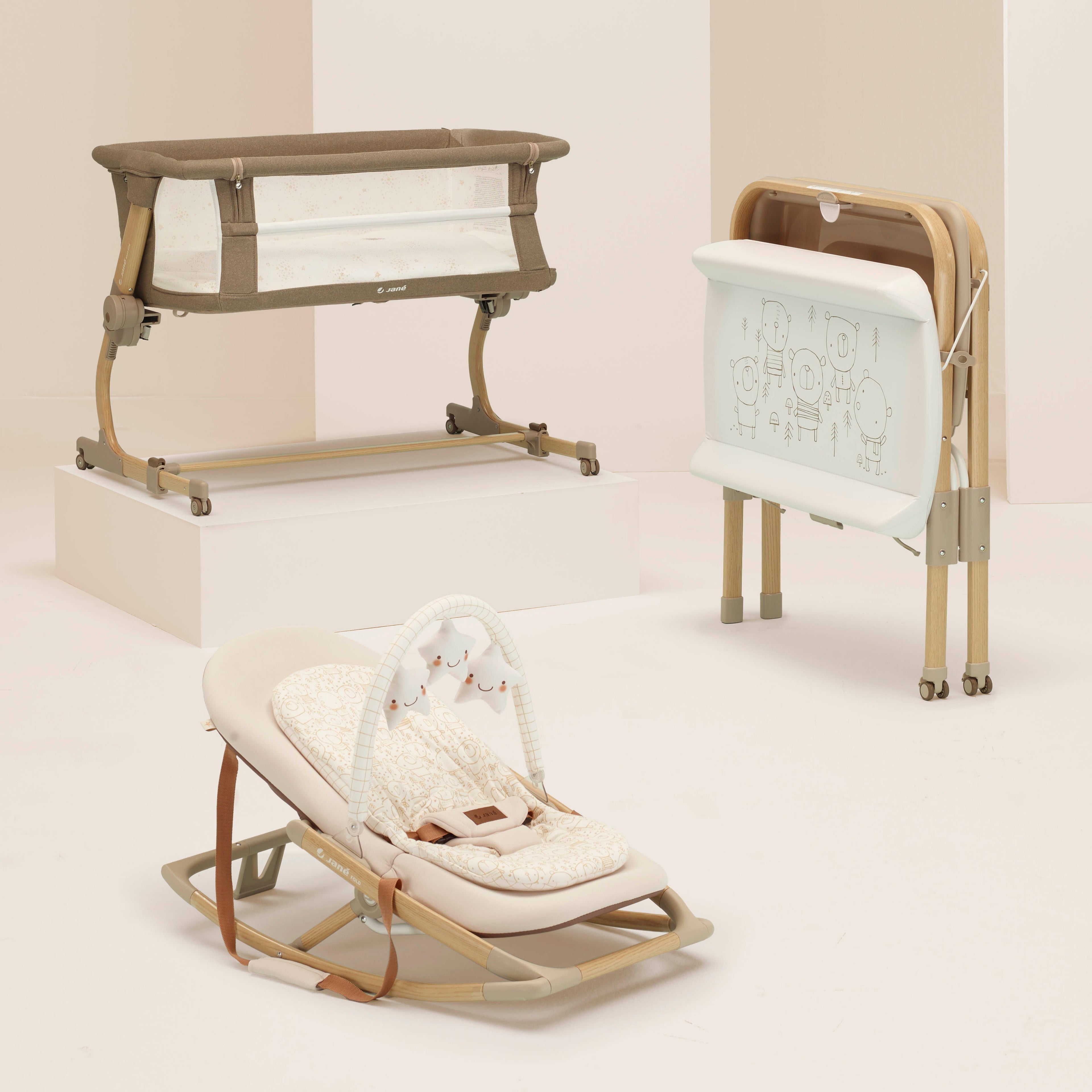 Jane Baby Side Crib + 4 Piece Bedding Set & Safety Mattress, Nature Edition