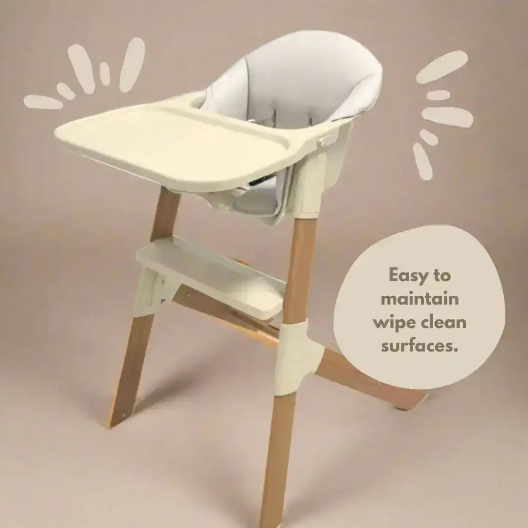 White and beige high chair with text on a beige background