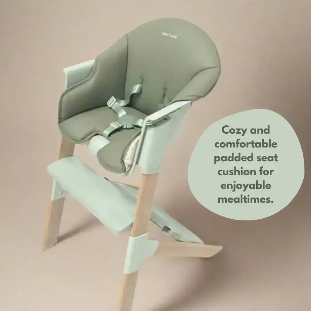 Cozy and comfortable padded seat cushion for a high chair on a beige background