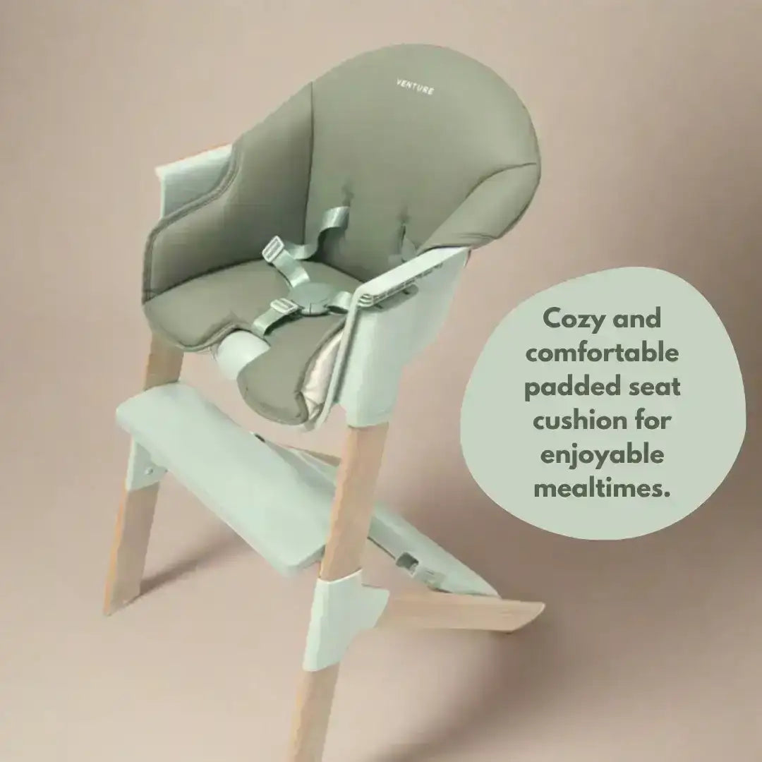 Cozy and comfortable padded seat cushion for a high chair on a beige background