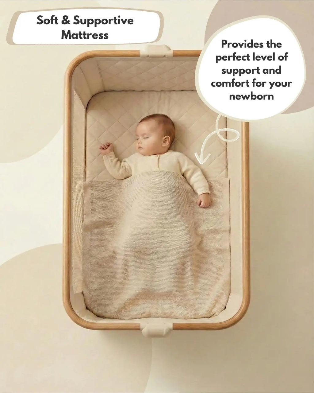 Baby sleeping in a crib with a soft and supportive mattress, text indicating comfort for newborns.