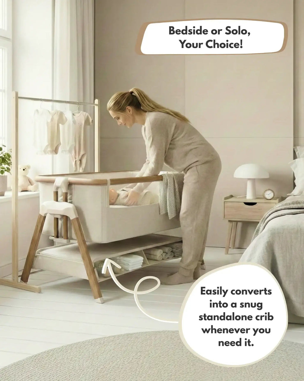 Woman adjusting a baby crib in a bedroom setting with text highlighting its versatility.