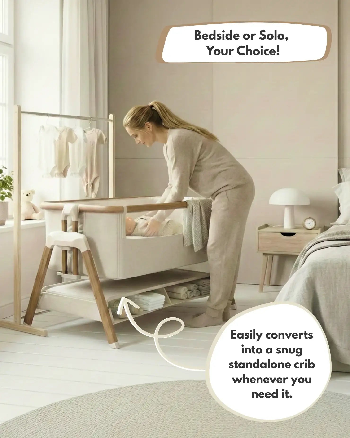 Woman adjusting a baby crib in a bedroom setting with text highlighting its versatility.