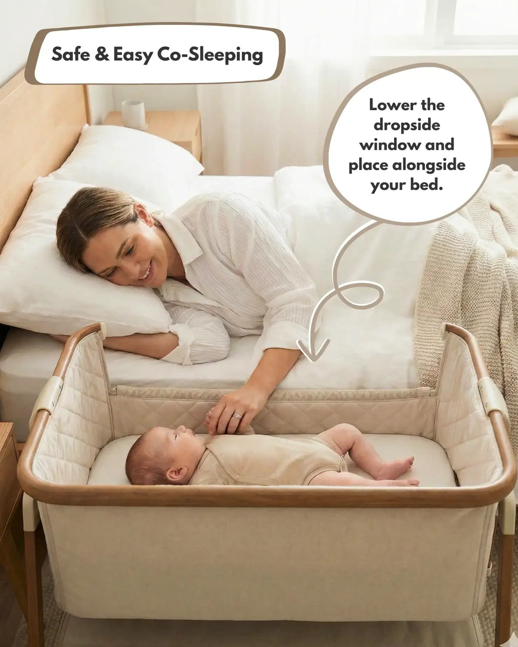 Woman co-sleeping with a baby in a bassinet next to her bed.
