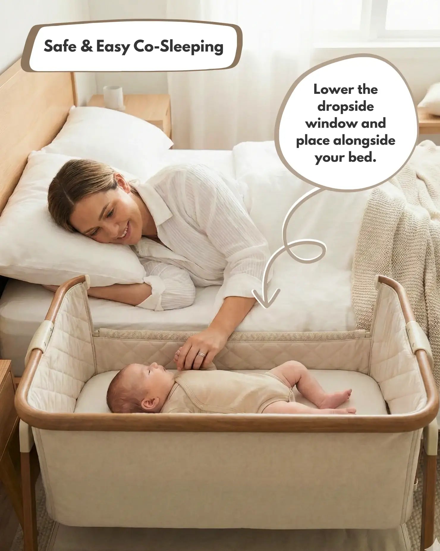 Woman co-sleeping with a baby in a bassinet next to her bed.