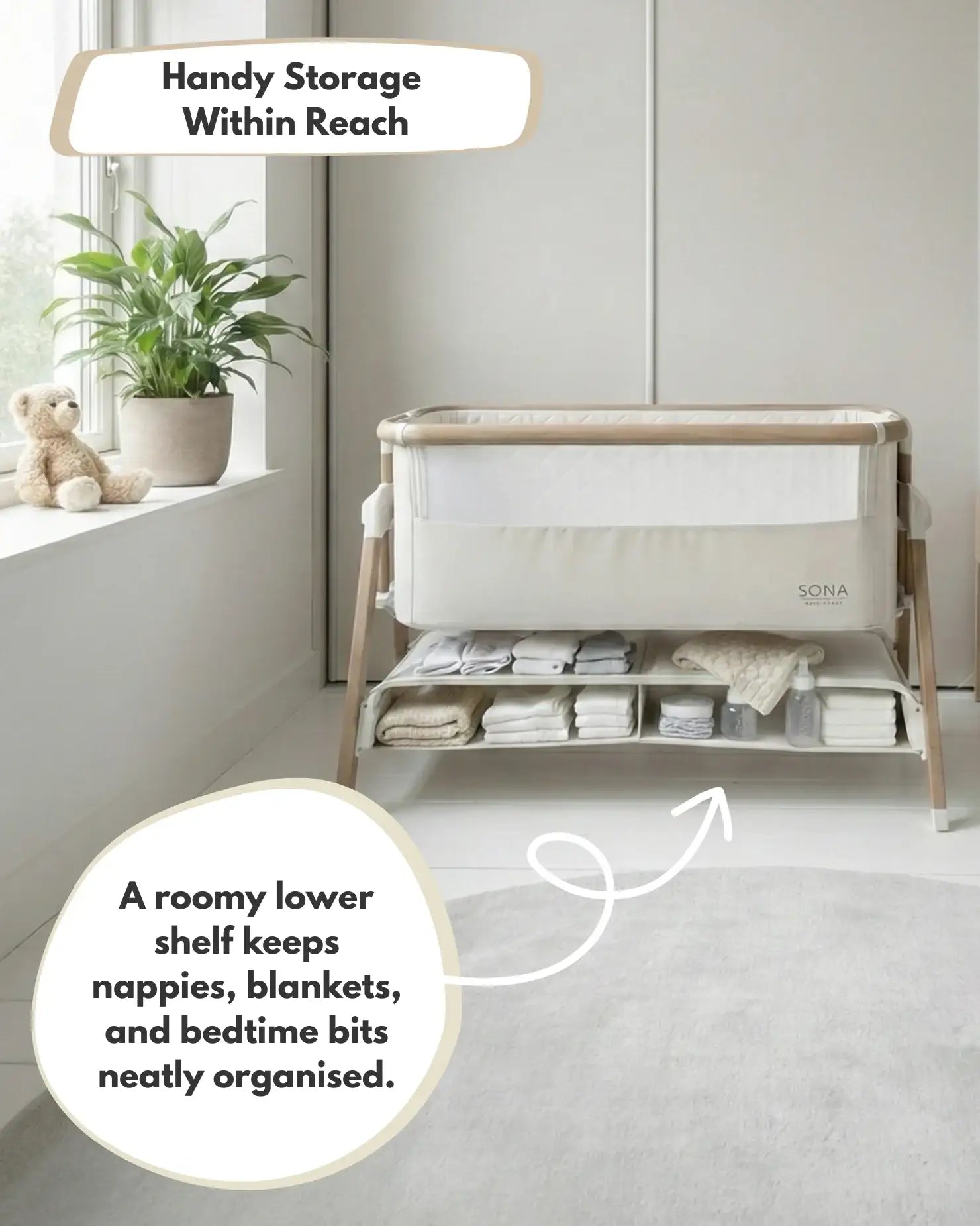 Baby crib with storage shelves in a room setting, featuring text about handy storage.