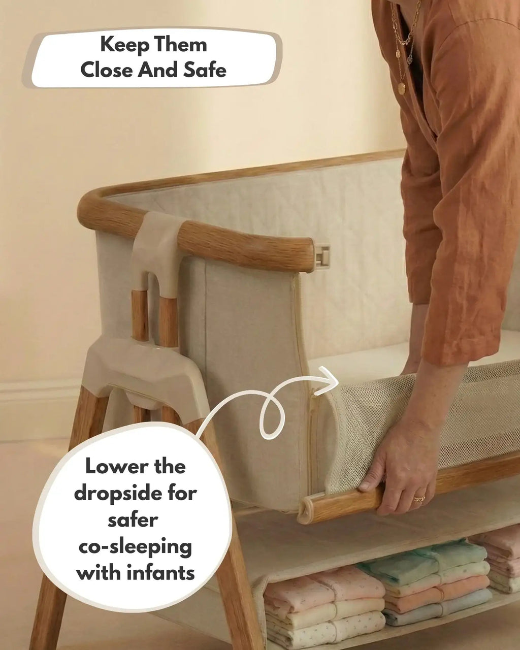 Person adjusting a baby crib with text on safe co-sleeping practices.