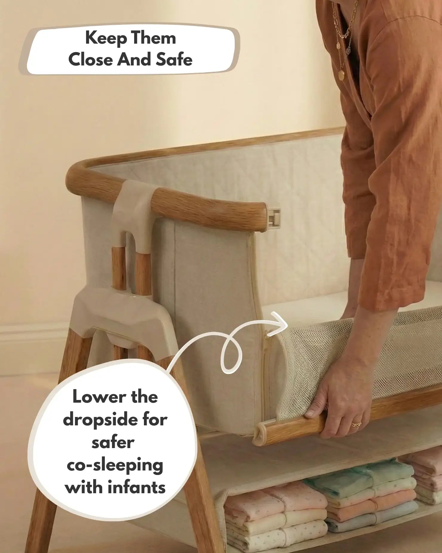Person adjusting a baby crib with text on safe co-sleeping practices.