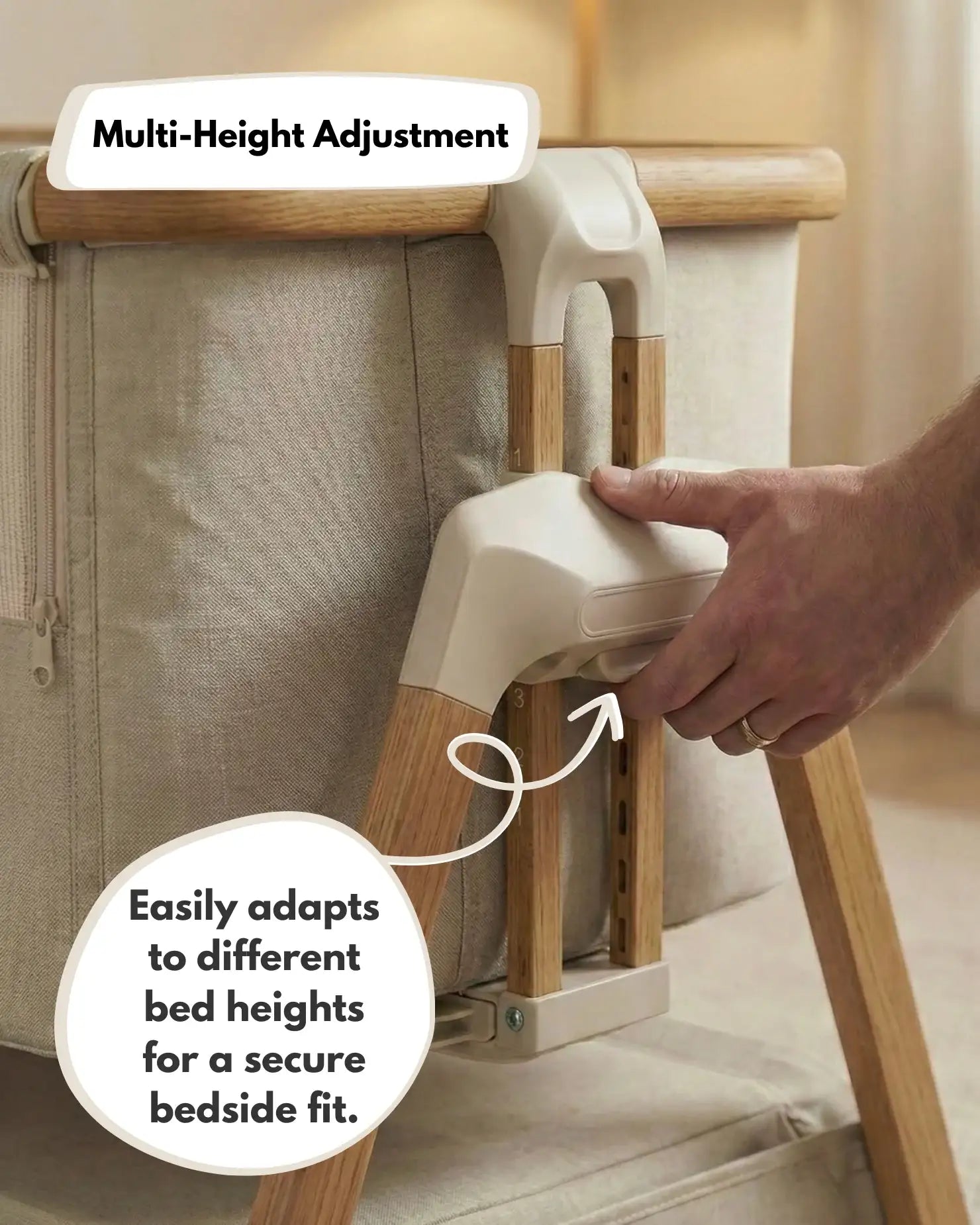 Hand adjusting a multi-height adjustment device on a bed frame with text highlighting its features.