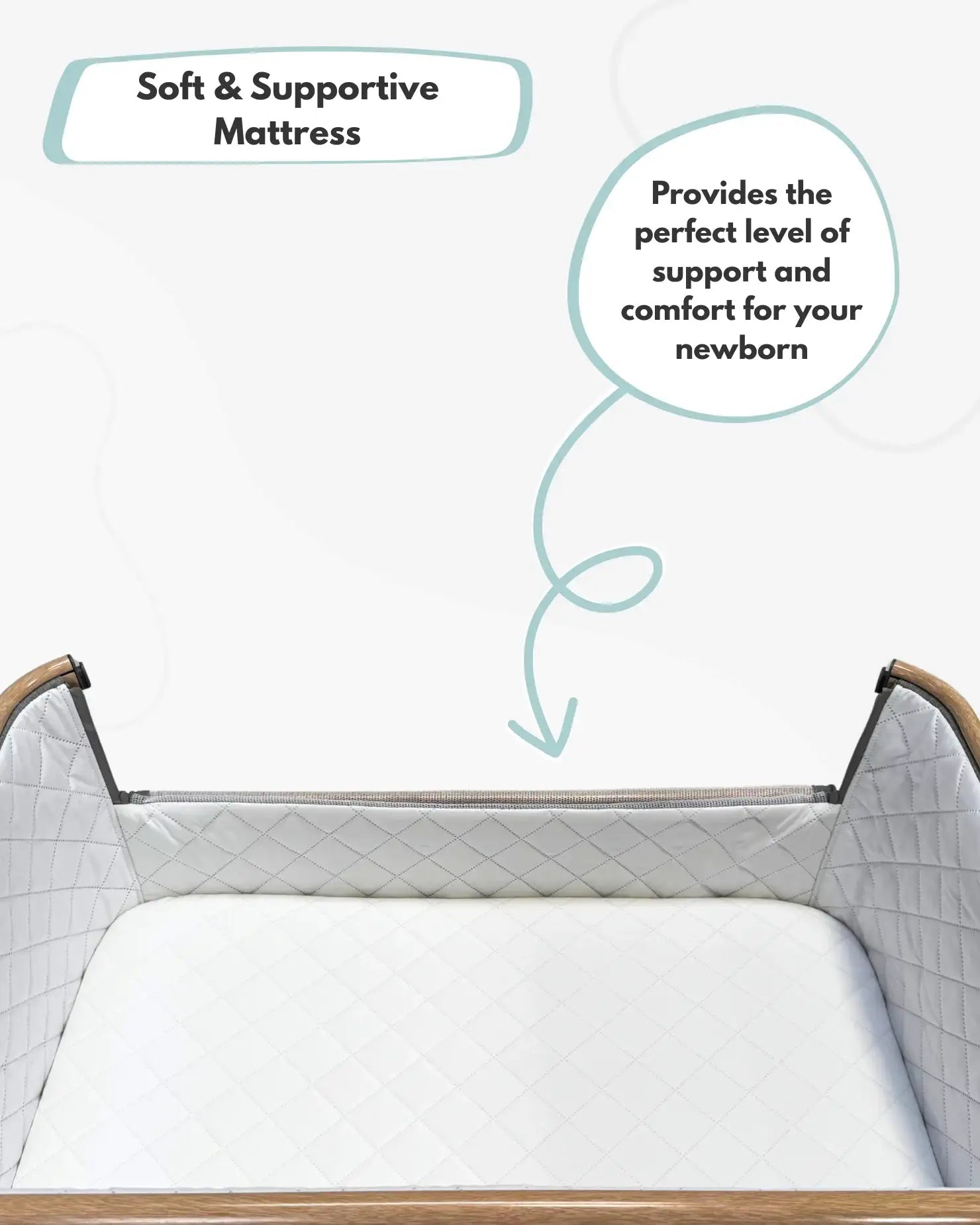 Crib mattress with text highlighting its softness and support for newborns