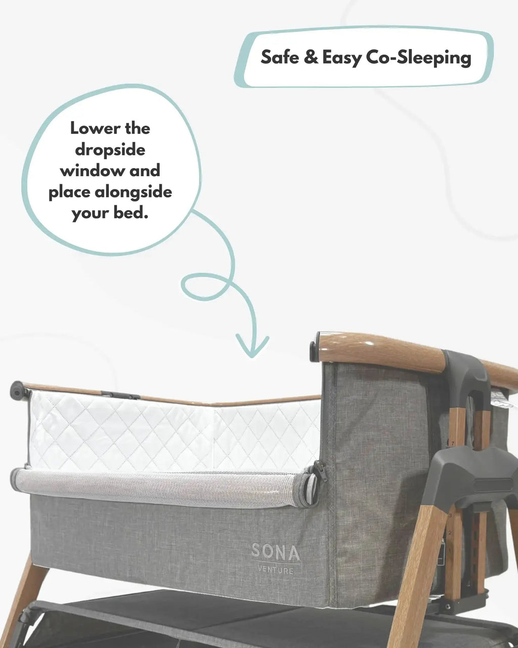 Gray crib with text on a white background