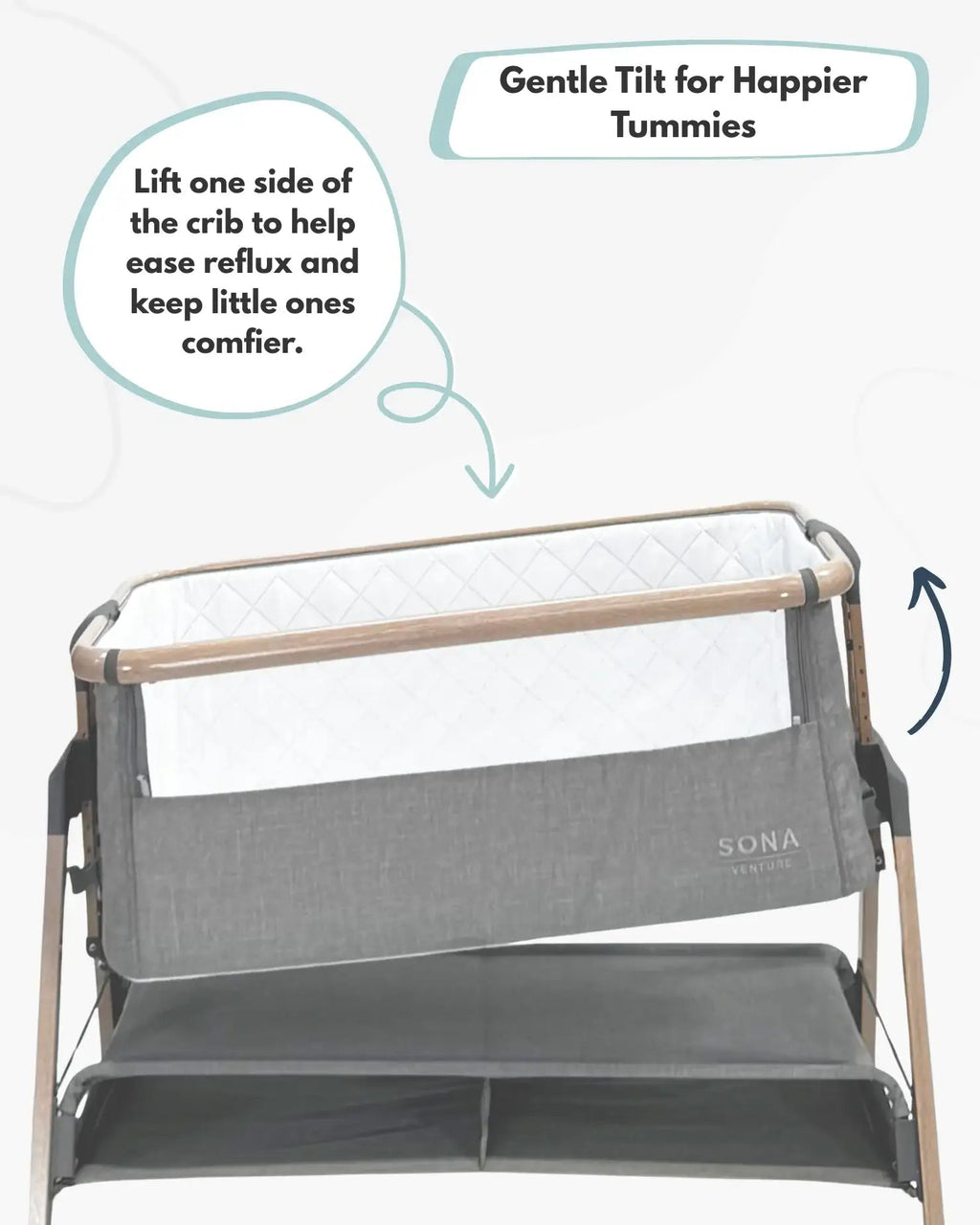 Gray crib with text about gentle tilt for happier tummies and ease of reflux.