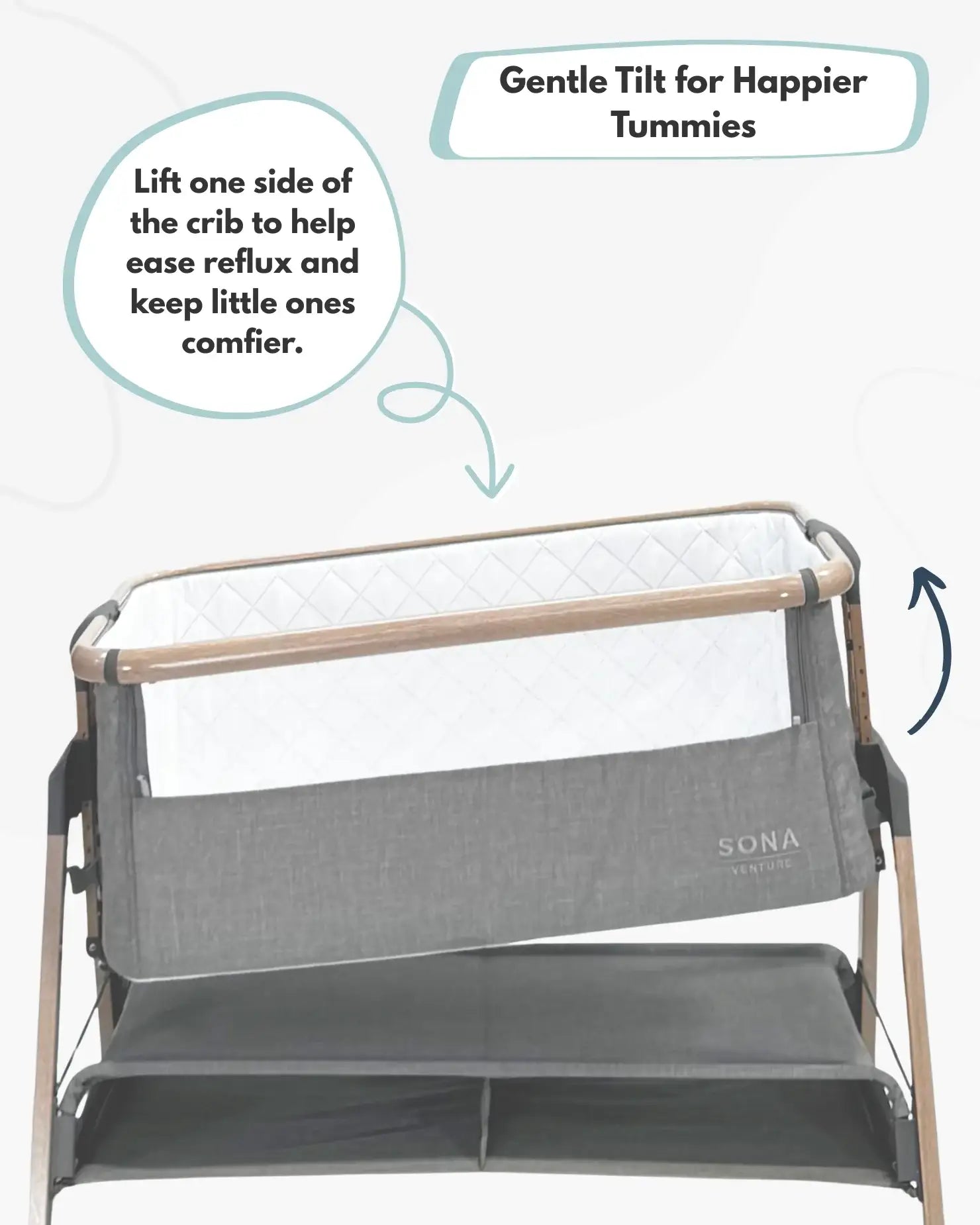 Gray crib with text about gentle tilt for happier tummies and ease of reflux.